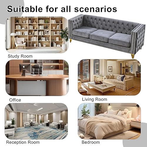 Miniatura 7 de Juego de 2 sofás de terciopelo gris de 81 pulgadas de 3 plazas, botones copetudos y brazo cuadrado, cabezas de uñas doradas con incrustaciones y 4