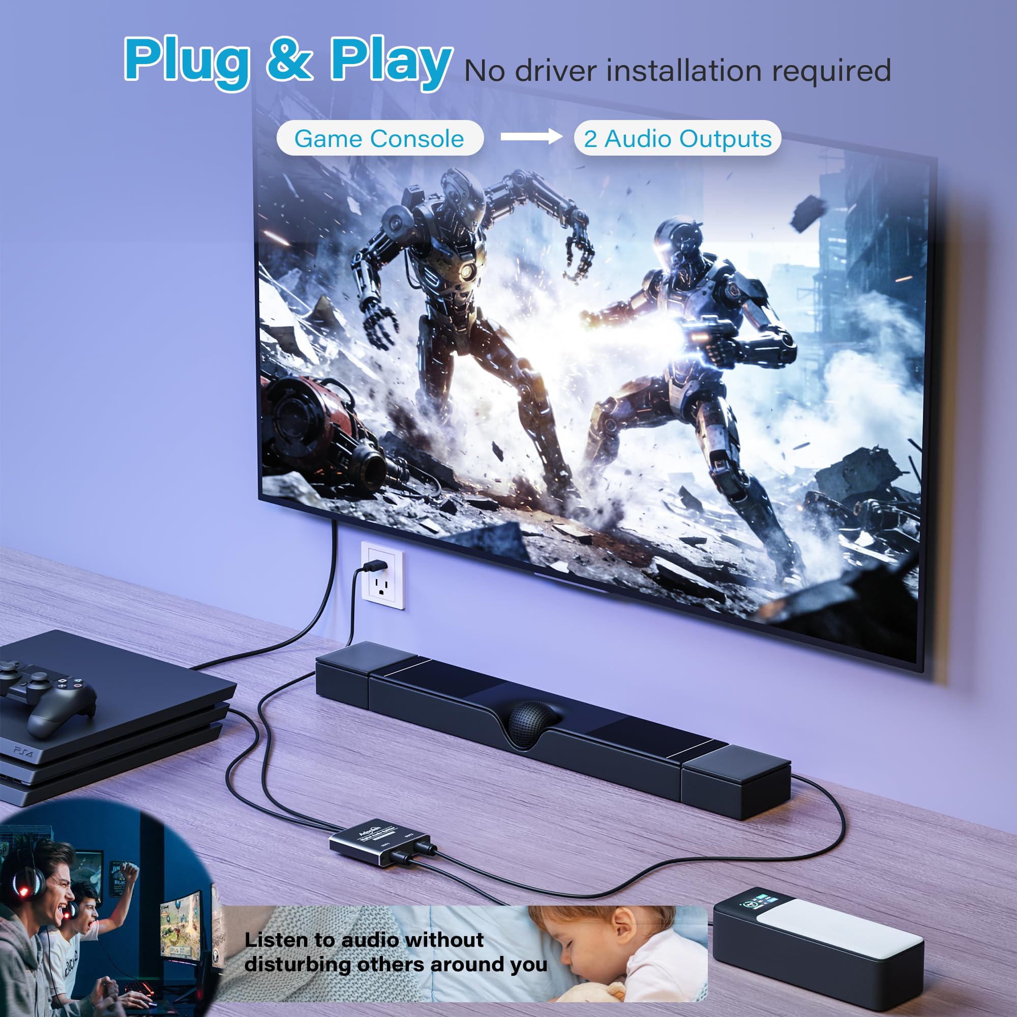 Sdoppiatore audio ottico digitale a 2 vie, 1 ingresso e 2 uscite, Toslink SPDIF in fibra ottica con alimentazione USB, LPCM 2.0, PCM, Dolby, DTS 5.1 per HDTV, Home Theater, Soundbar, ricevitore