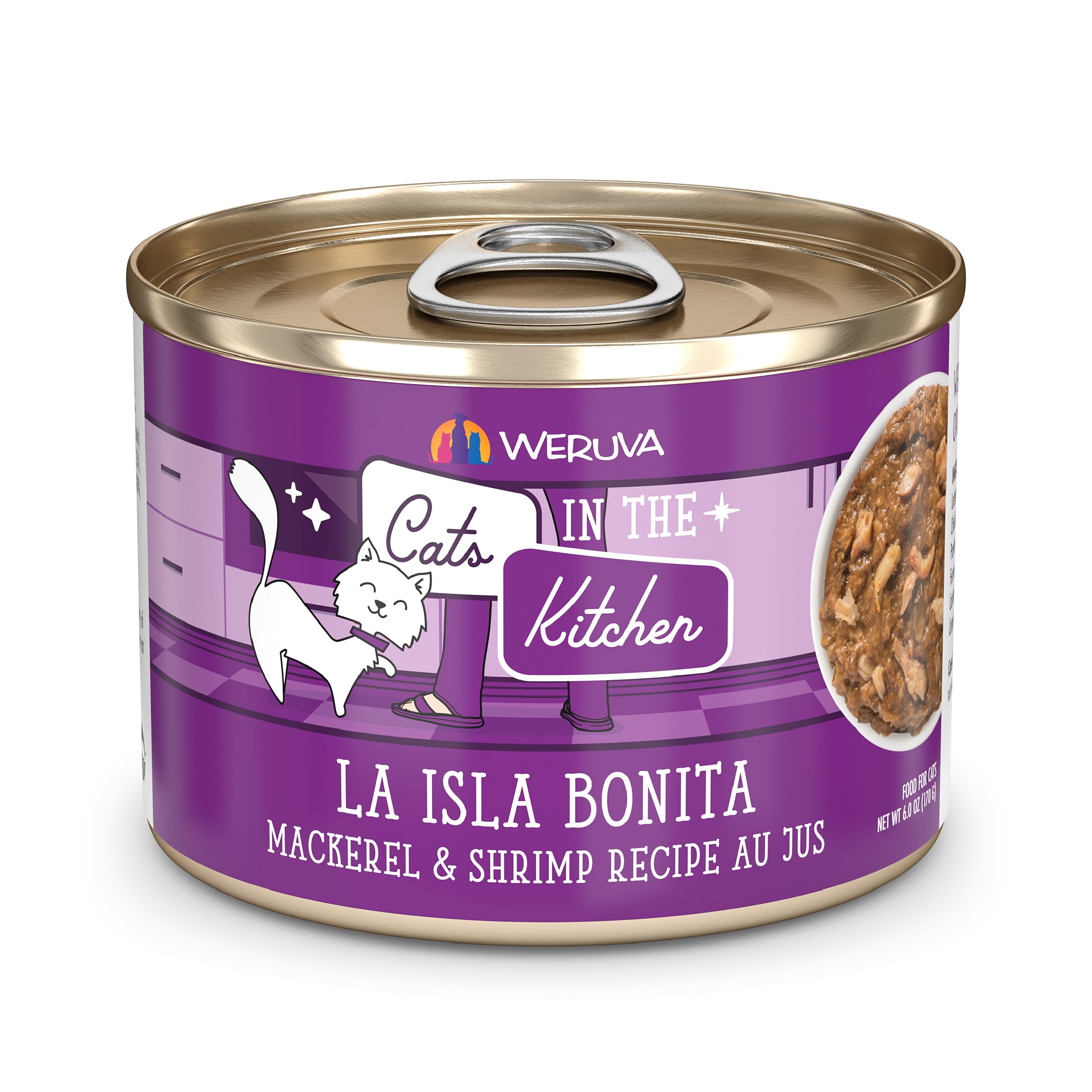 Cats in The Kitchen, La Isla Bonita with Mackerel & Shrimp Au Jus Cat Food, 6oz Can (Pack of 24)