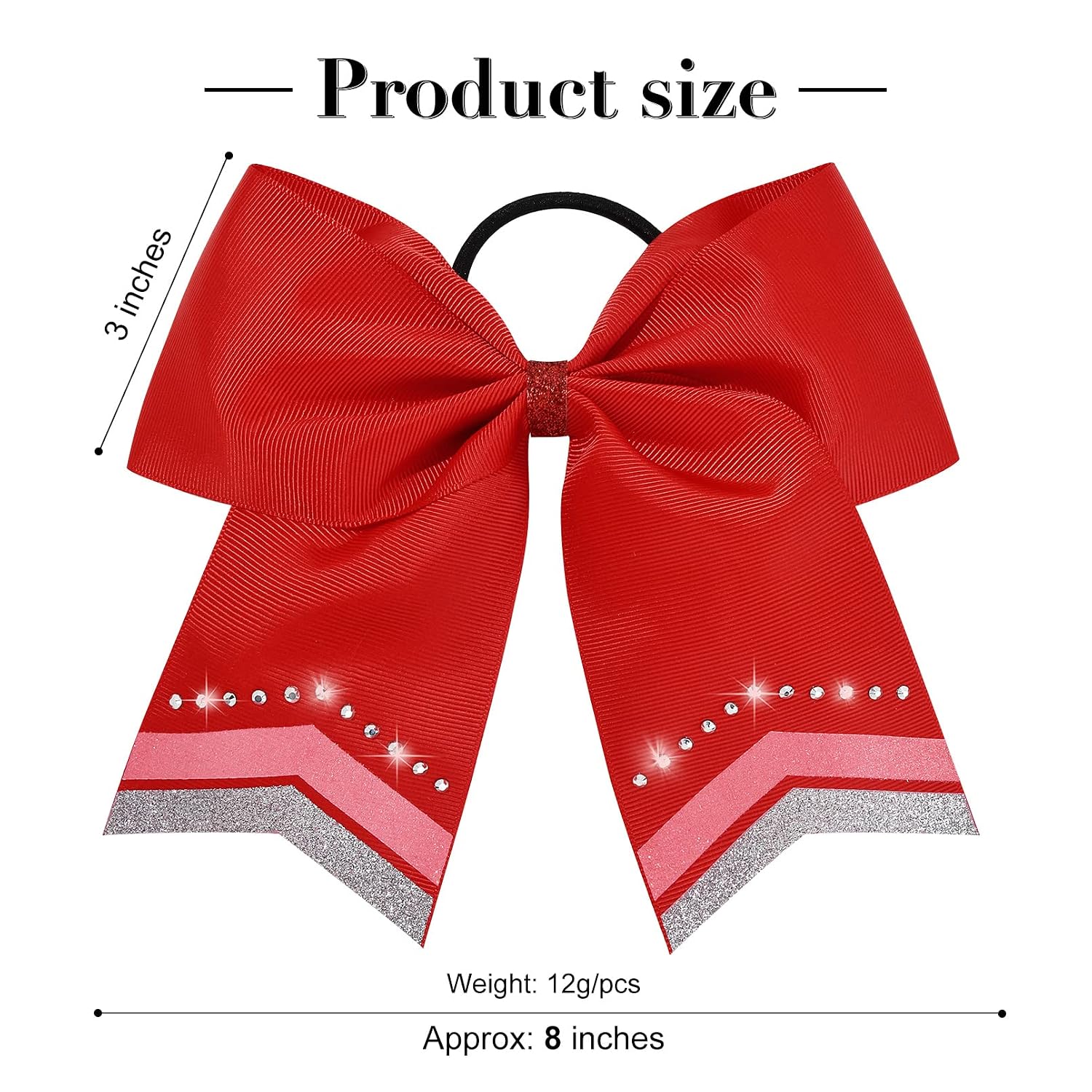 Large Glitter Hair Bows Set of 8 - 8" Red Rhinestone Sequin Bows for Girls, Teen Cheerleaders, Softball, and Sports image 5