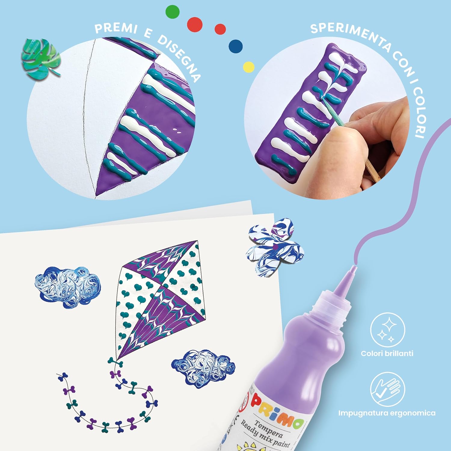 Primo Kidskit Marbling Effect - Craft Set Children from 6 Years, Set of 4 Tempera Colours with Dosing Tip 50 ml, 1 Colouring Book for Drawing Learning Children, 1 Creative Book for Painting Set