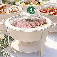 Trivico 6QT Round Chafing Dish Set of 4 - White Granite Stainless Steel Buffet Warmers with Glass Lids, Stackable for Weddings Catering Parties