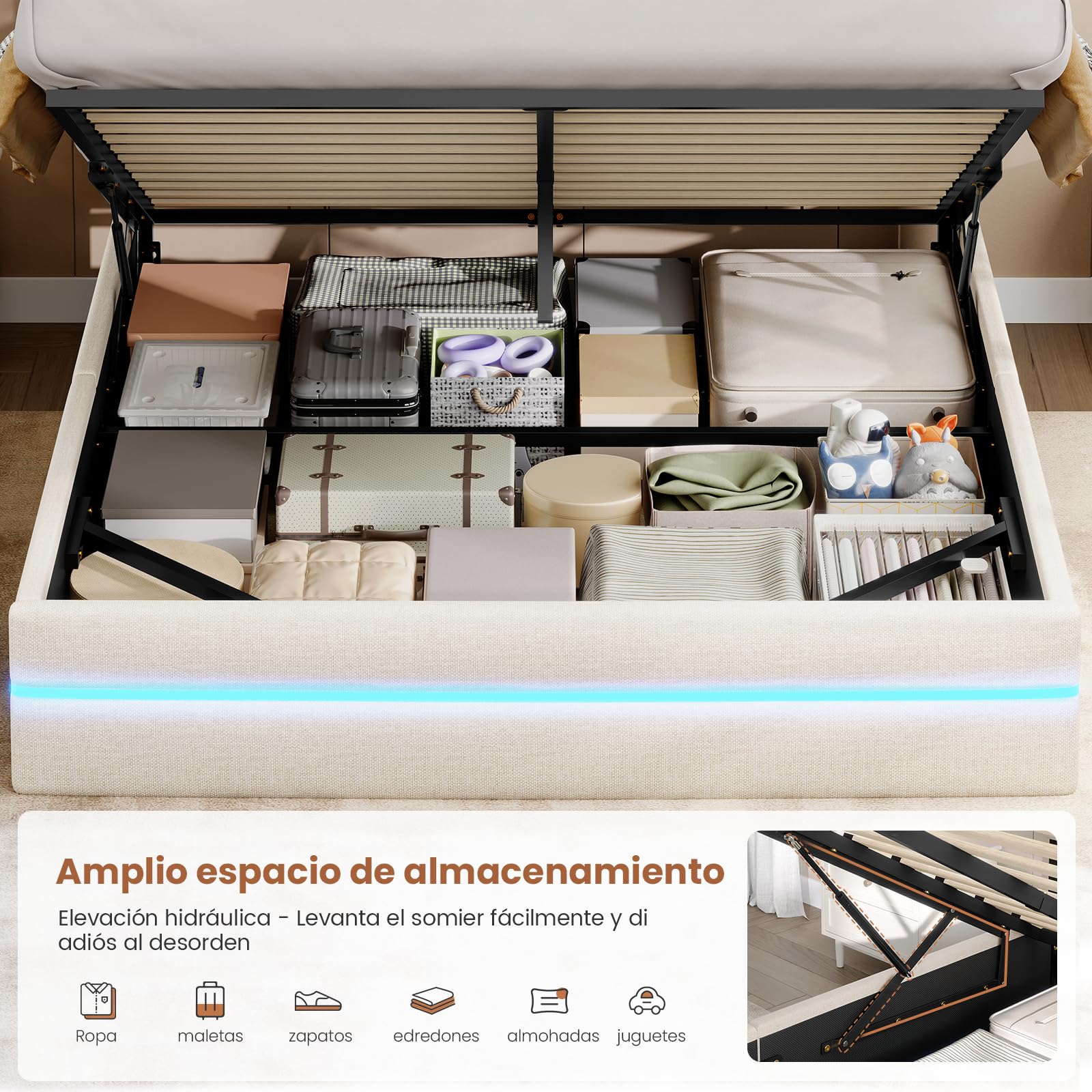 AOGLLATI Cama Matrimonio 160x200 con Almacenamiento Hidráulico, Beige | Cama Tapizada con LED y Estación de Carga, Estructura Cama con Cabecero Tapizado, Cama Doble con Canapé de Gran Capacidad