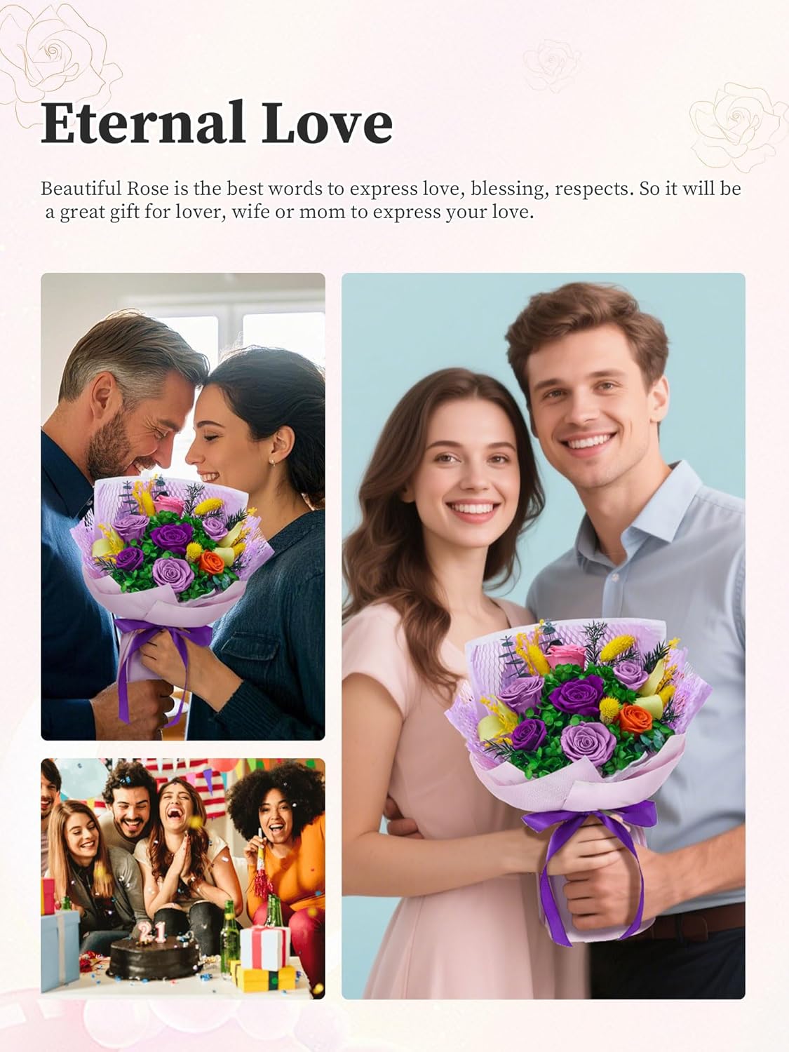 Valentines Day Gifts for Her, Preserved Flowers Bouquet Preserved Roses, Forever Flowers, Birthday Gifts for Women, Mom Grandma Anniversary Birthday (7 Roses, Purple Paper) - Image 5