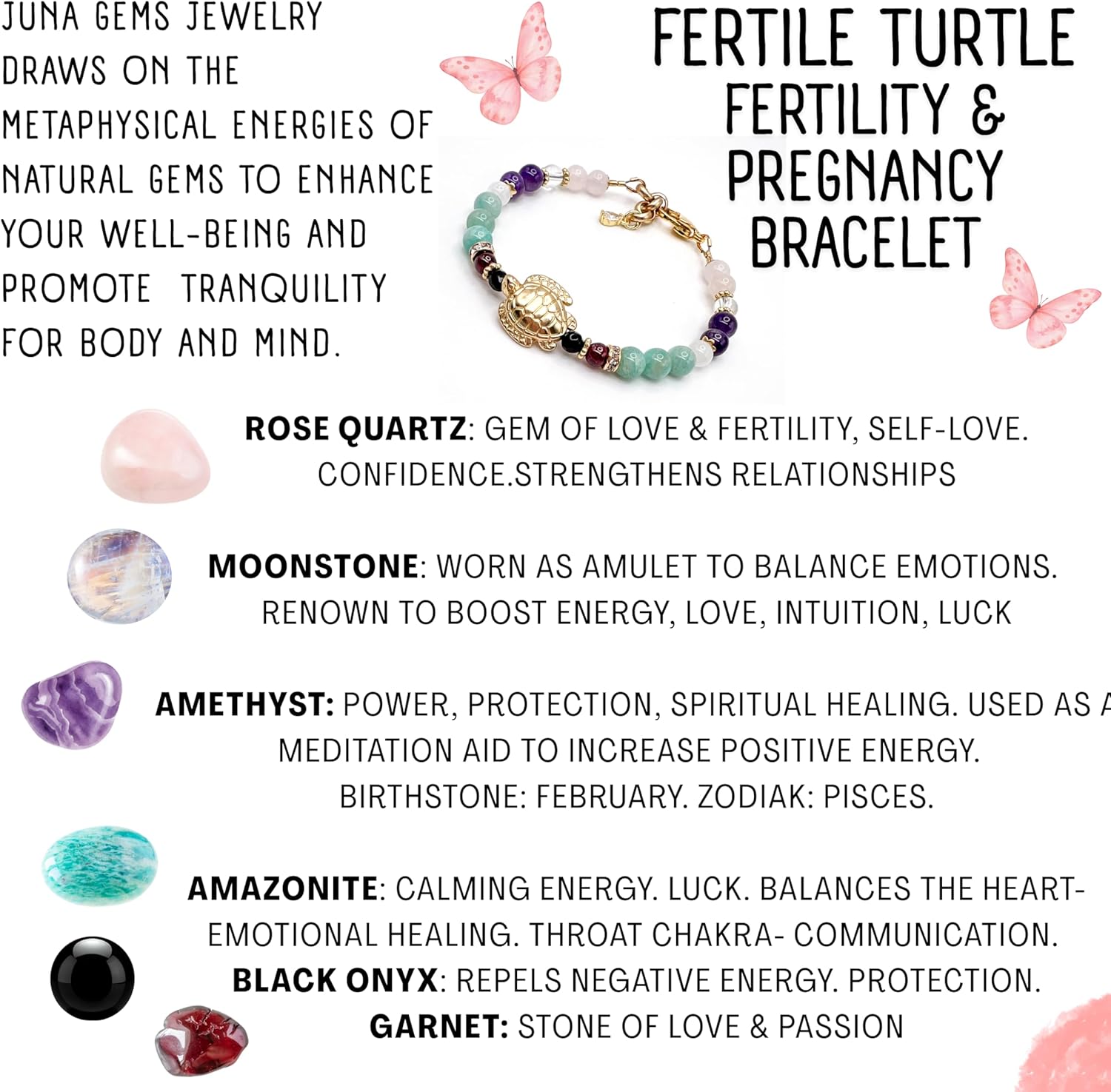 Fertile Turtle Fertility Bracelet/Natural Gemstones Rose Quartz, Moonstone, Amethyst, Rock Crystal, Garnet, Black Onyx/Healing Crystal Jewelry