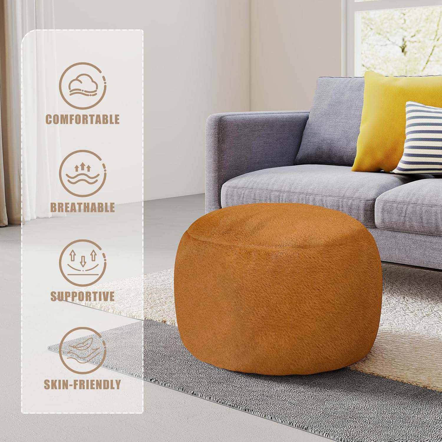 round stuffed pouf ottoman for foot rest, a round modern foam filled poufs, floor chair for living room, nursery, dorm, a soft modern foot stool perfect to rest your feet (orange, 30 inch) orange 30”d x 20.1\"w x 15\"h