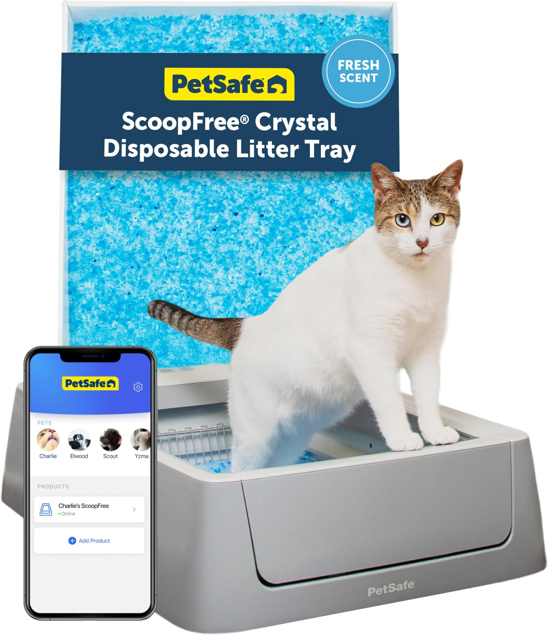 ScoopFree Crystal Smart Self-Cleaning Cat Litter Box WiFi (2.4 GHz) & App Enabled Hands-Free Cleanup, Less Tracking, Superior Odor Control Includes Disposable Tray Gray (PAL00-16807)