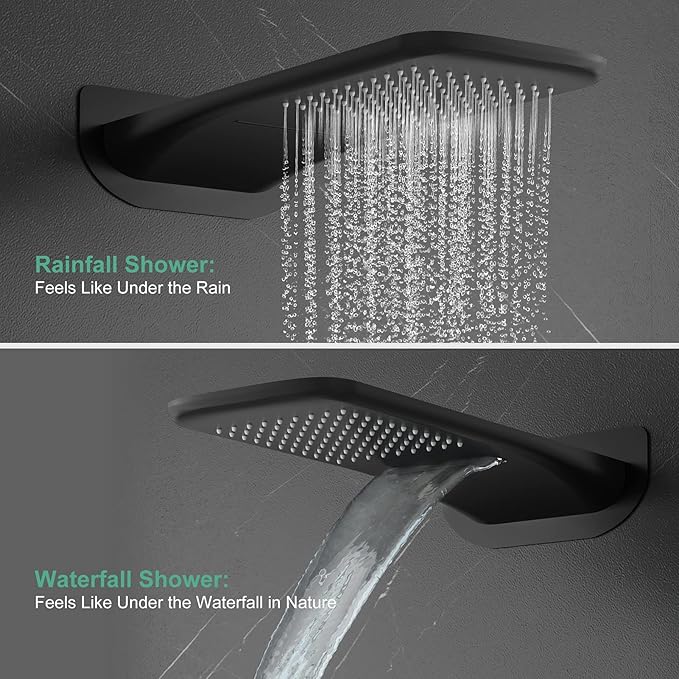 4-Function Waterfall Shower System with Body Jets, SR SUN RISE Full Body Rainfall Shower System with Handheld Shower Faucet Complete Sets, Wall Mounted Shower Fixture Set for Bathroom, Matte Black