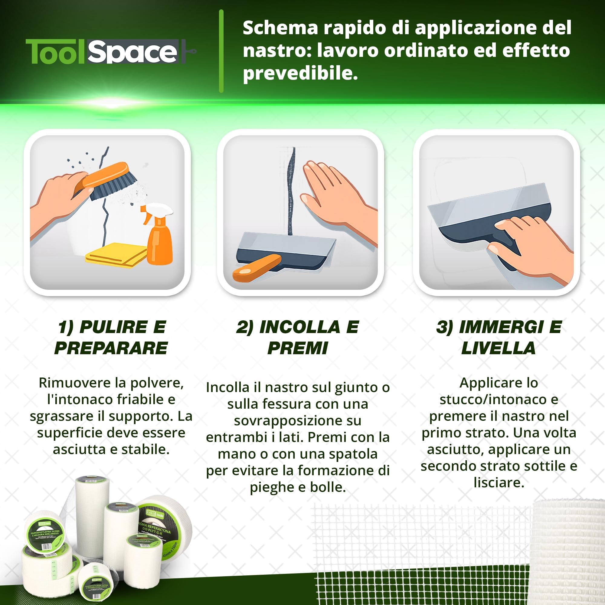 ToolSpace Nastro Fibra Vetro Cartongesso Autoadesivo 10 cm x 20 m Riparazione Crepe Muro Giunti Stuccatura Interni Rete Rinforzata Rasatura Intonaco Rinforzo Impermeabile Gesso Rasante Fessure Buchi
