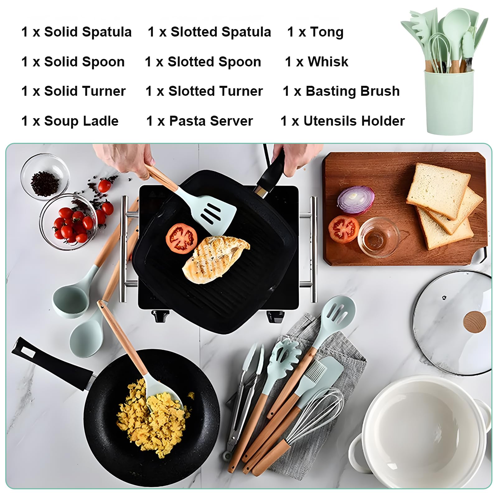 Küchenhelfer-Set, Silikon-Kochutensilien-Set mit Holzgriff, hitzebeständig, antihaftbeschichtet, BPA-frei, spülmaschinenfest, 12-teilig