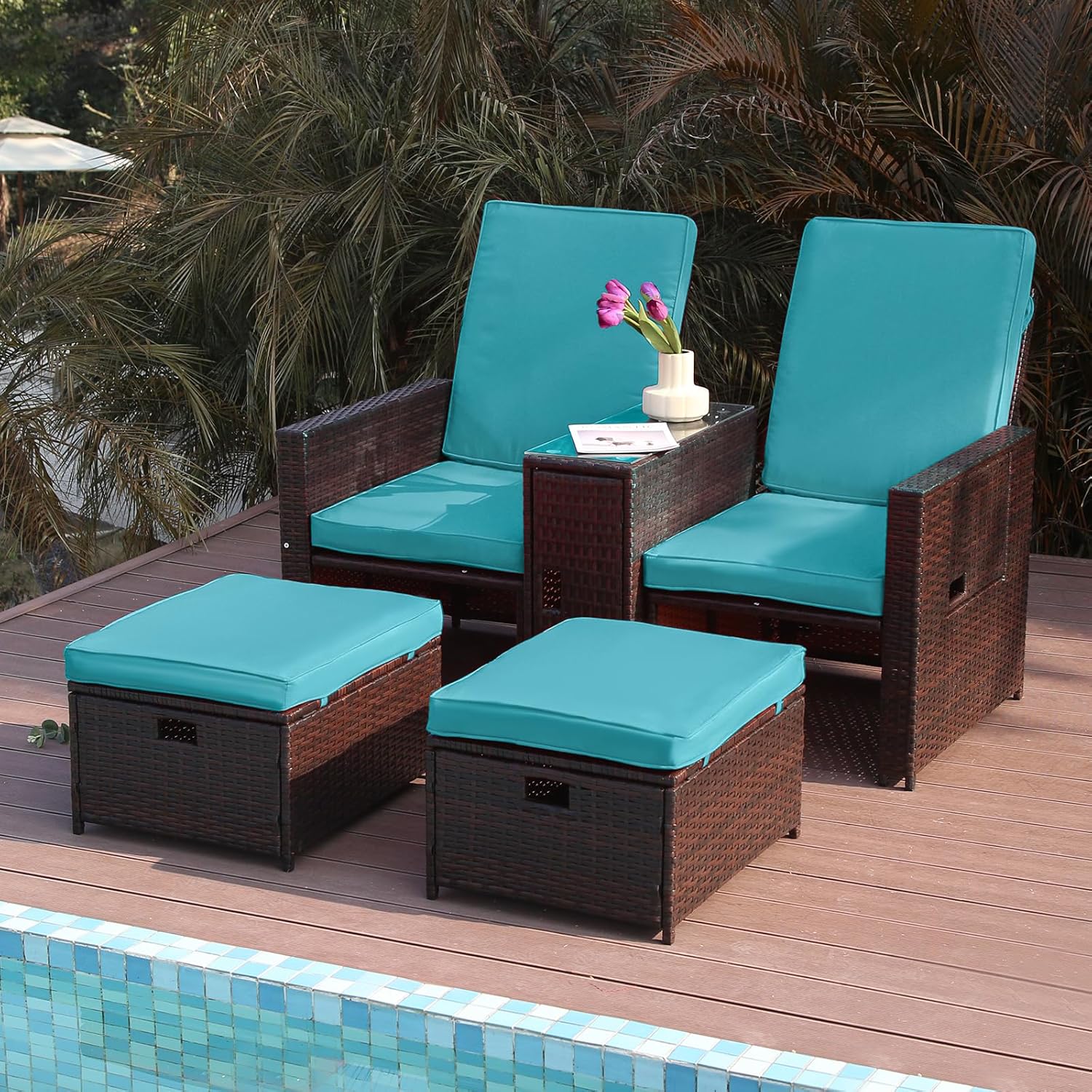 Patio Wicker Loveseat Adjustable Lounge Chair with Ottoman Footrest, Wicker Furniture for Garden, Patio, Balcony, Beach, Coffee Bar, Deck