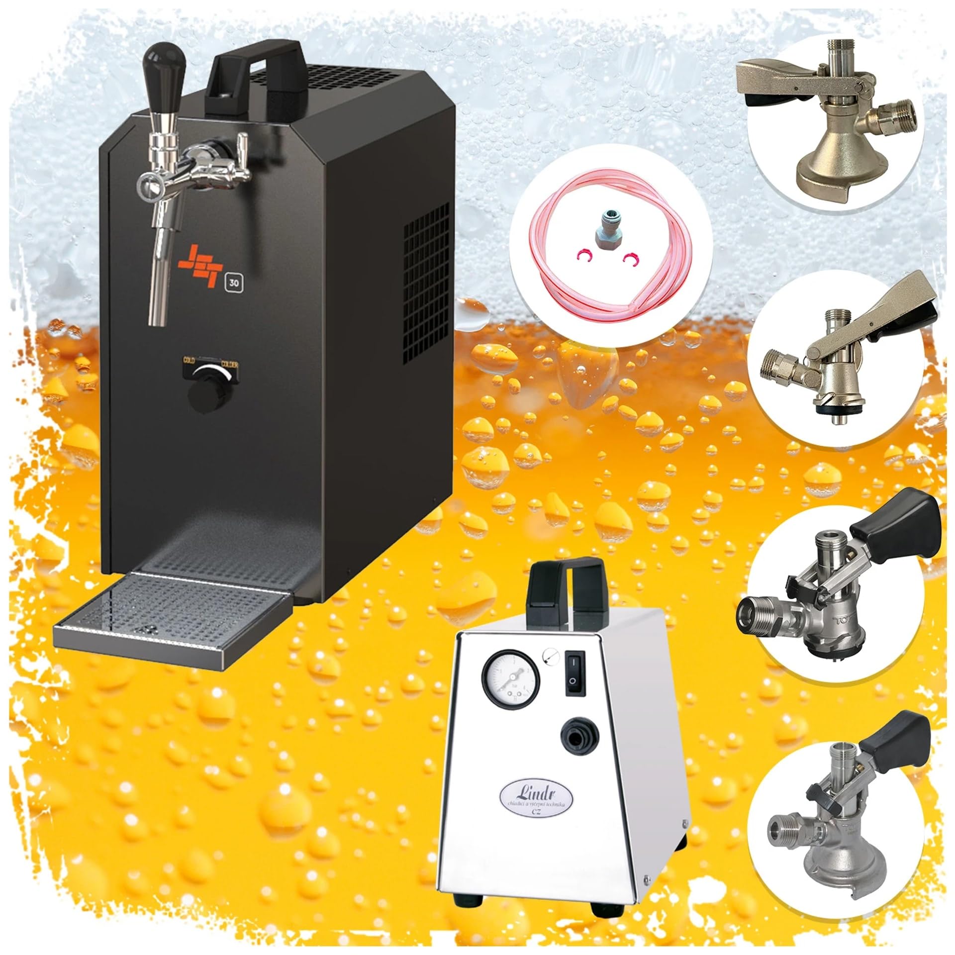 Kit completo sistema de tiro de cerveza Jet 30, caja enfriadora de cerveza, enfriador en línea, enfriador seco, 35 l/h, con compresor de aire y juego de todo cabezal