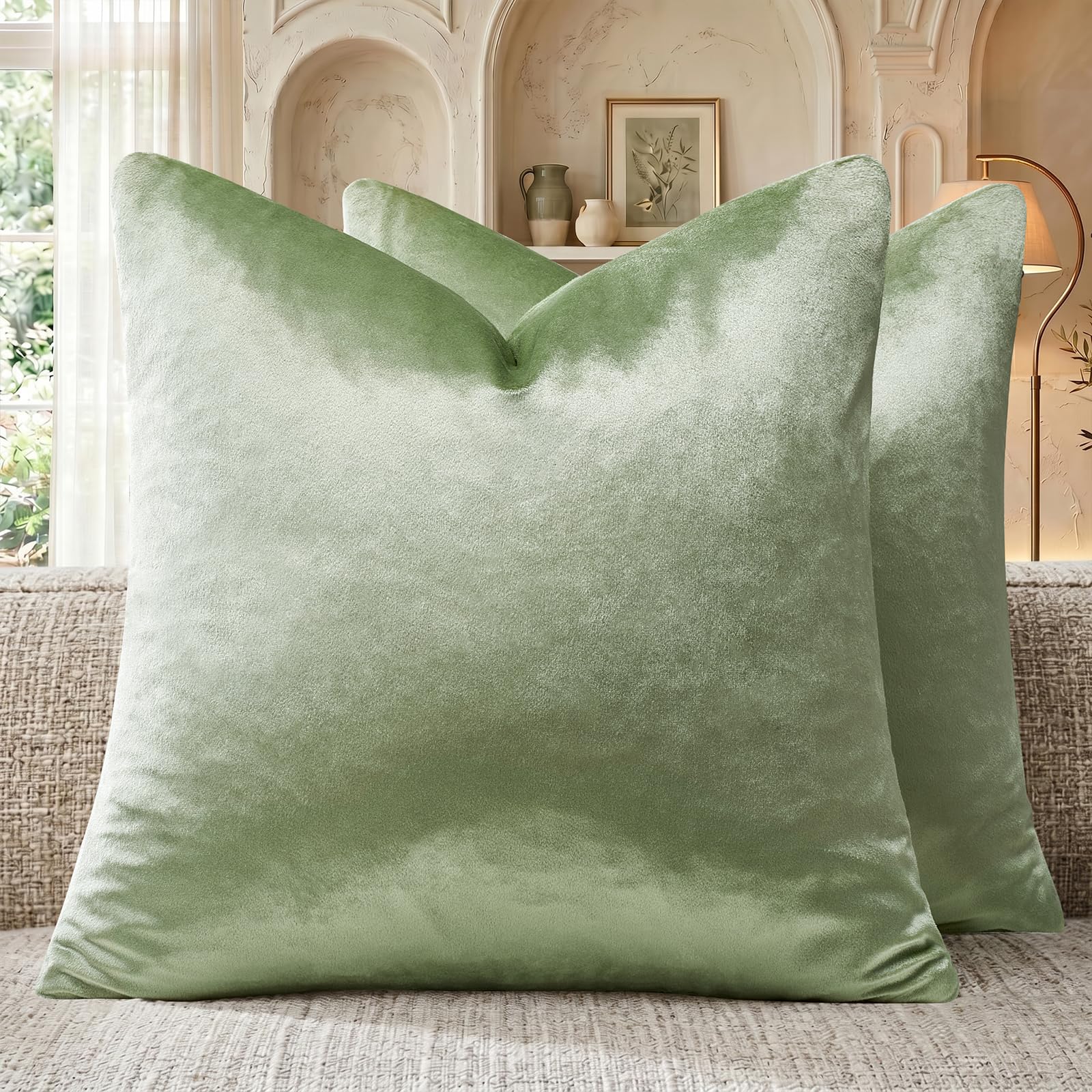 GIGIZAZA 18x18 Pillow Covers Set of 2 Velvet Throw Pillows Decorative Sage Green Covers for Couch Sofa Bedroom Pillowscase โ image 1
