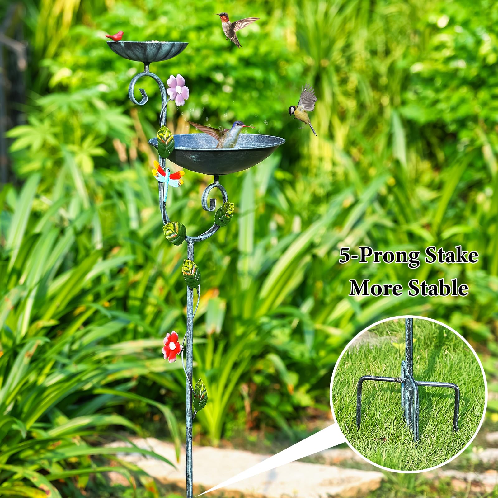 Vogeltränken, 147,3 cm hoch, Vogeltränke und Futterspieß, stehende Vogeltränke für den Außenbereich, dekorative Vogeltränke und Futterspender, Kombination für den Garten, 2-in-1-Vogeltränke