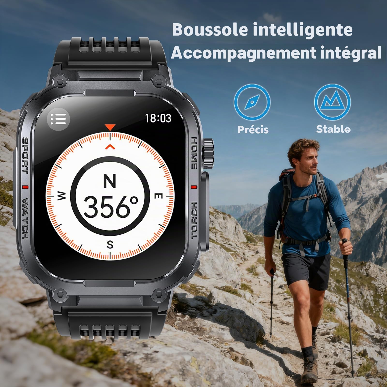 Montre Connectée Homme LED Lampe/Boussole, 2.02" Militaire Smartwatch Homme avec Appel Bluetooth, Asistente de Voz/100+ Modes Sportifs, IP68 Étanche/Podomètre Android iOS