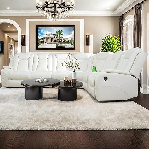 Miniatura 6 de Sofá reclinable eléctrico con luz LED para sala de estar, juego de sofá seccional reclinable de cuero de aire, soporte para tazas, consola de