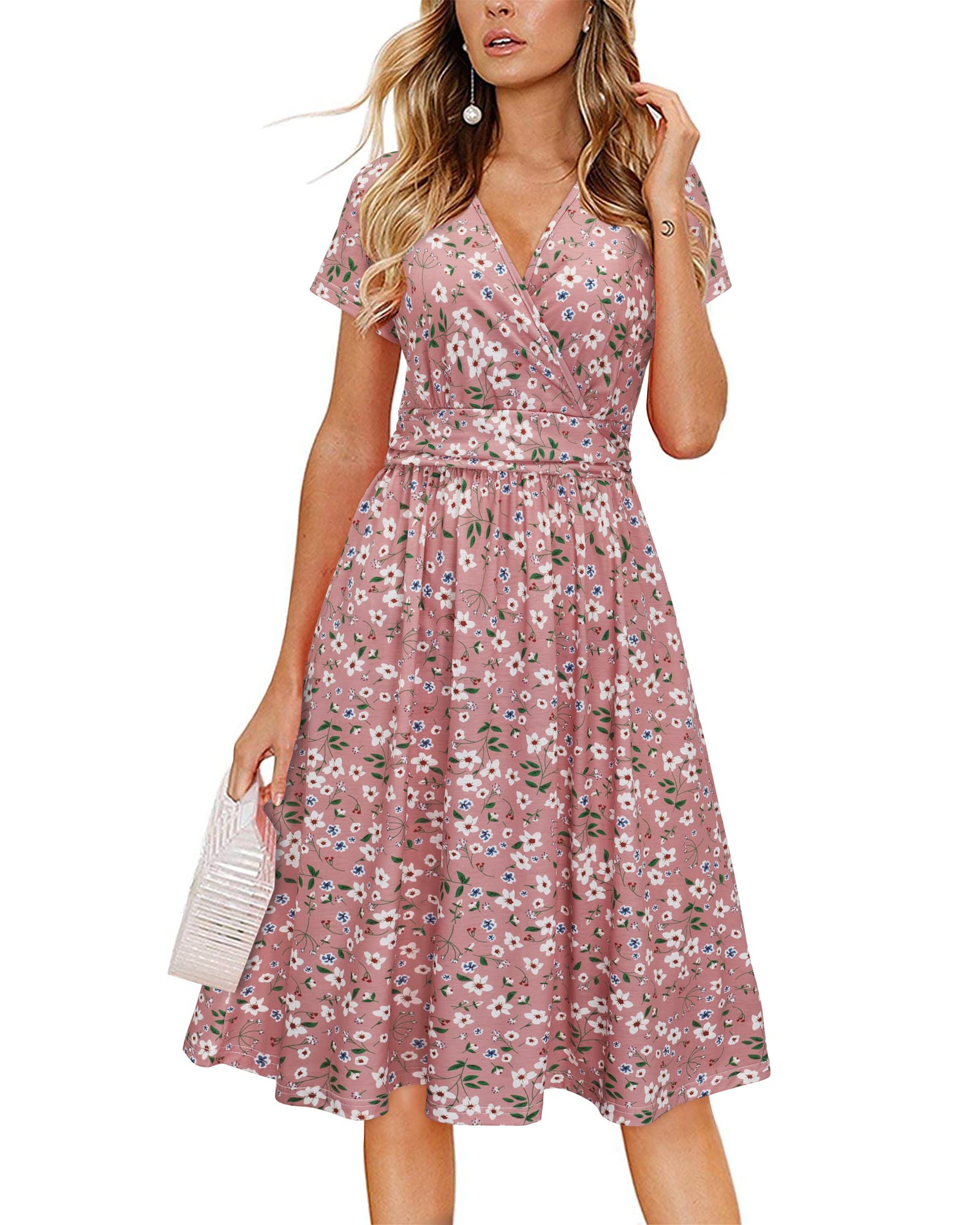 Newshows Women's Pockets Wrap V Neck Floral Summer Vacation Casual Sundress | Wrinkle Free, Stretchy, Summer Beach Floral Sundress 2026, Casual Dress for Vacation, Guaduation, Side Pockets, A-line