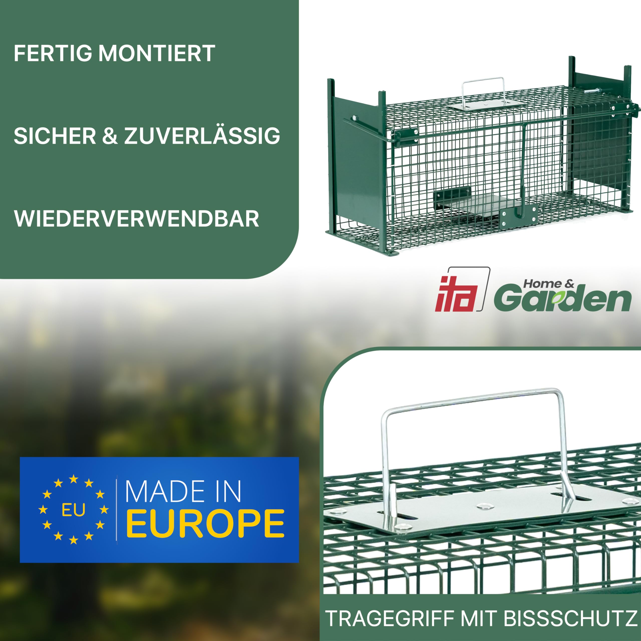 ITA Lebendfalle 5067 61x23x21 cm - Wetterfeste & Zuverlässige Falle für Ratten, Marder, Siebenschläfer und ähnlich große Tiere - Rattenfalle Marderfalle - Fertig Montiert, Bissschutz, Tragegriff