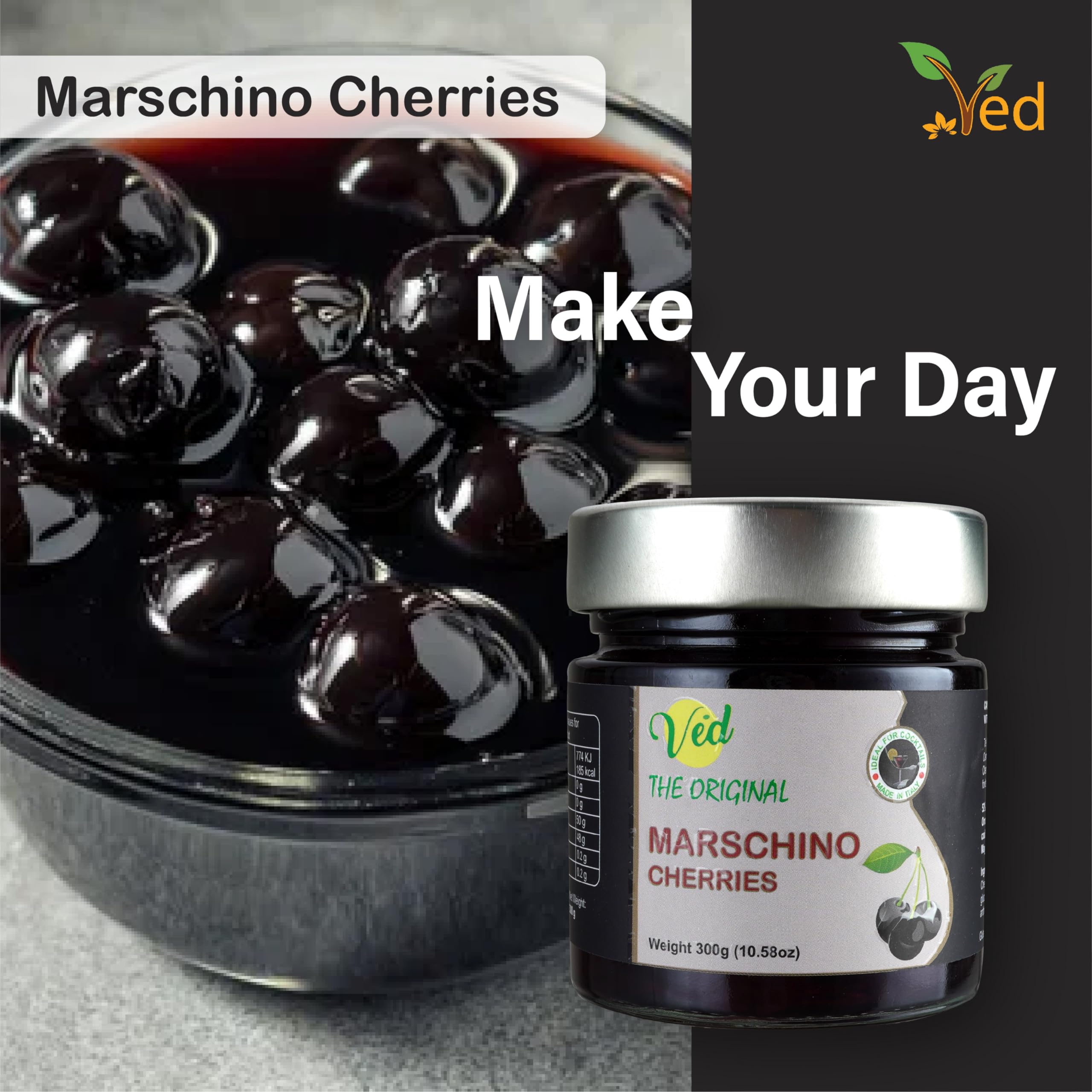 Cerezas al marrasquino originales Ved Gourmet - Cereza de cóctel italiana - Vegano, bourbon en almíbar natural, 300 g