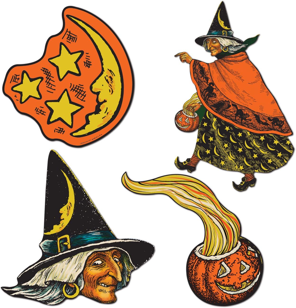 Beistle Vintage Halloween Cutouts, 4 Count, Retro-Inspired Witches and Moons, Classic Wall and Window Decorations for Haunted House and Party Displays, 6.5” - 10.5”