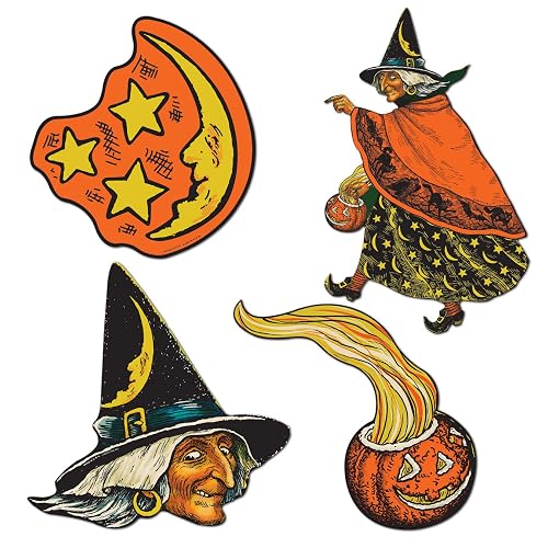 Beistle Vintage Halloween Cutouts, 4 Count, Retro-Inspired Witches and Moons,
