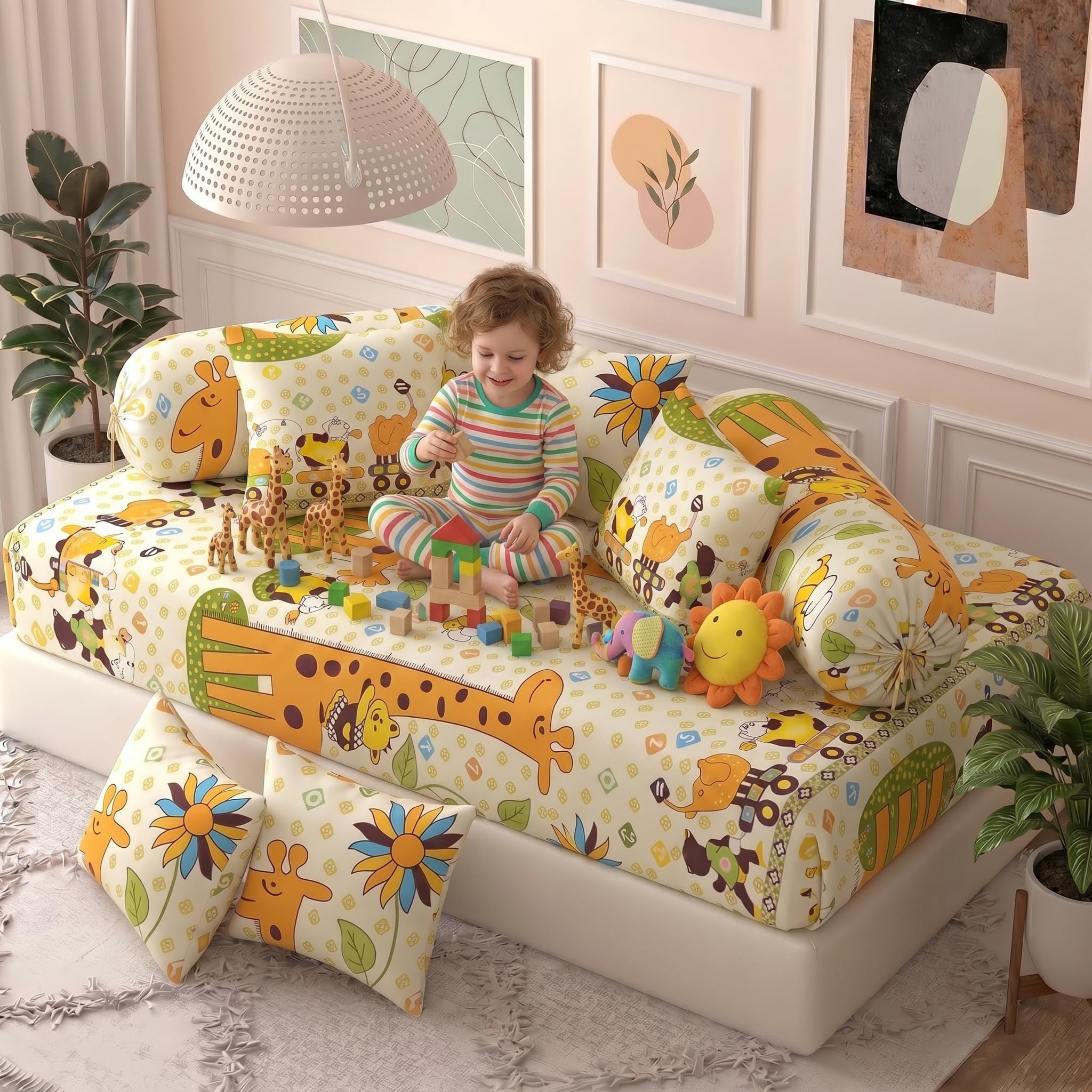 Filymore Yellow Giraffe Kids Fitted Diwan Set 8 Pieces β Microfiber Diwan Bedsheet Set with 5 Cushion Covers & 2 Bolster Covers | Soft Cartoon Giraffe Print Diwan Cover Set for Kids Room 2