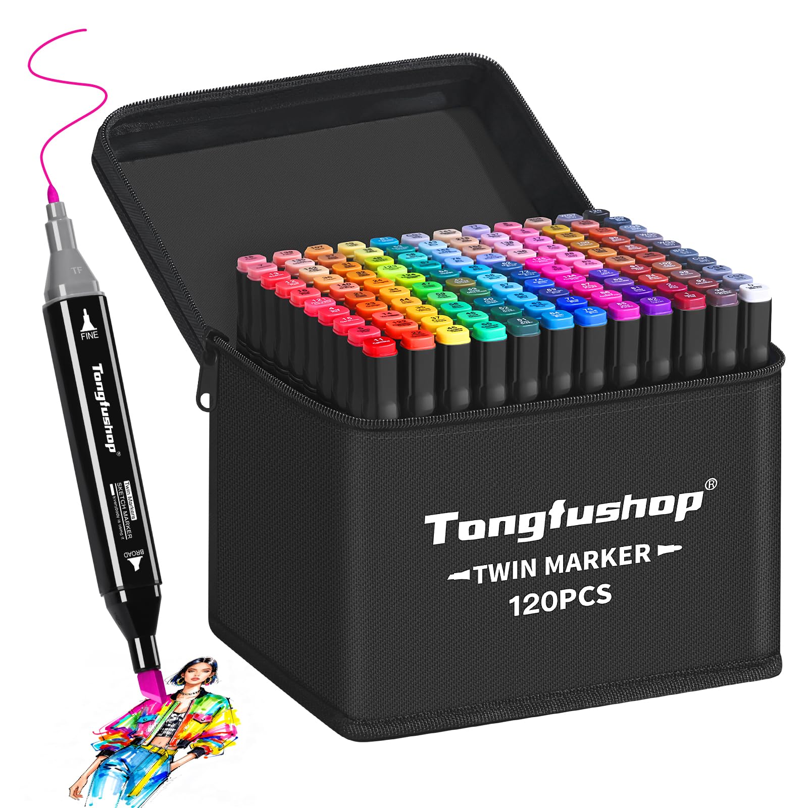 Tongfushop Rotulador de 120 Colores, Rotuladores Alcohol Doble Punta, 2S Secado Rápido Permanent Marcadores Base Alcohol con Bolsa de Almacenamiento y Espaciador para Niños, Adultos Cómics, Colorear