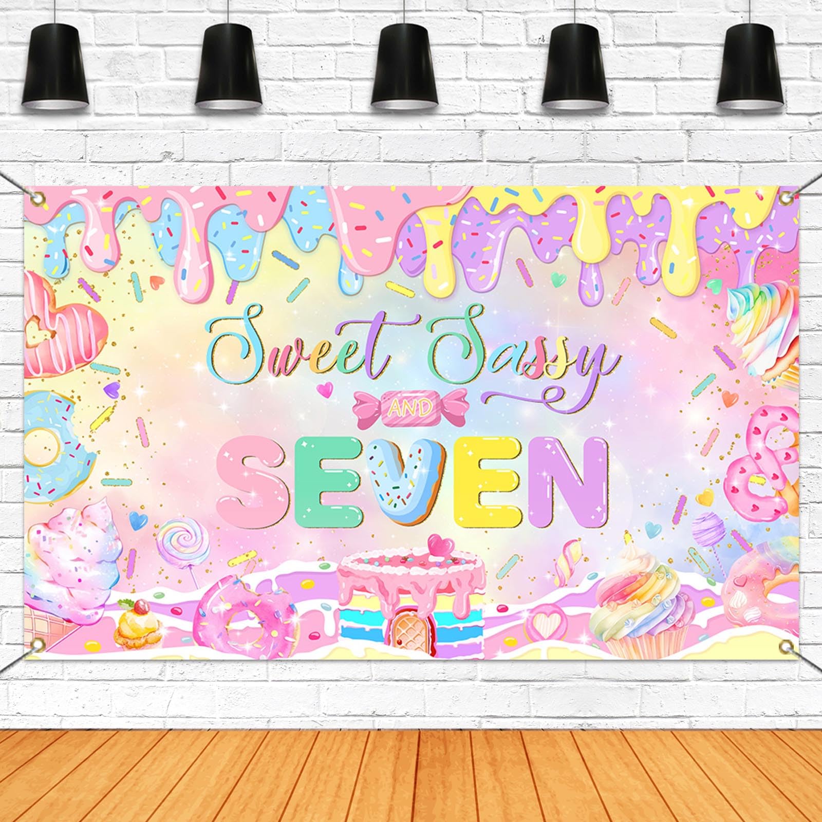 Mocsicka Donut 7th Birthday Banner Backdrop Sweet Sassy and Seven Birthday Party Decorations Banner for Girls Seven Birthday Party Banner for