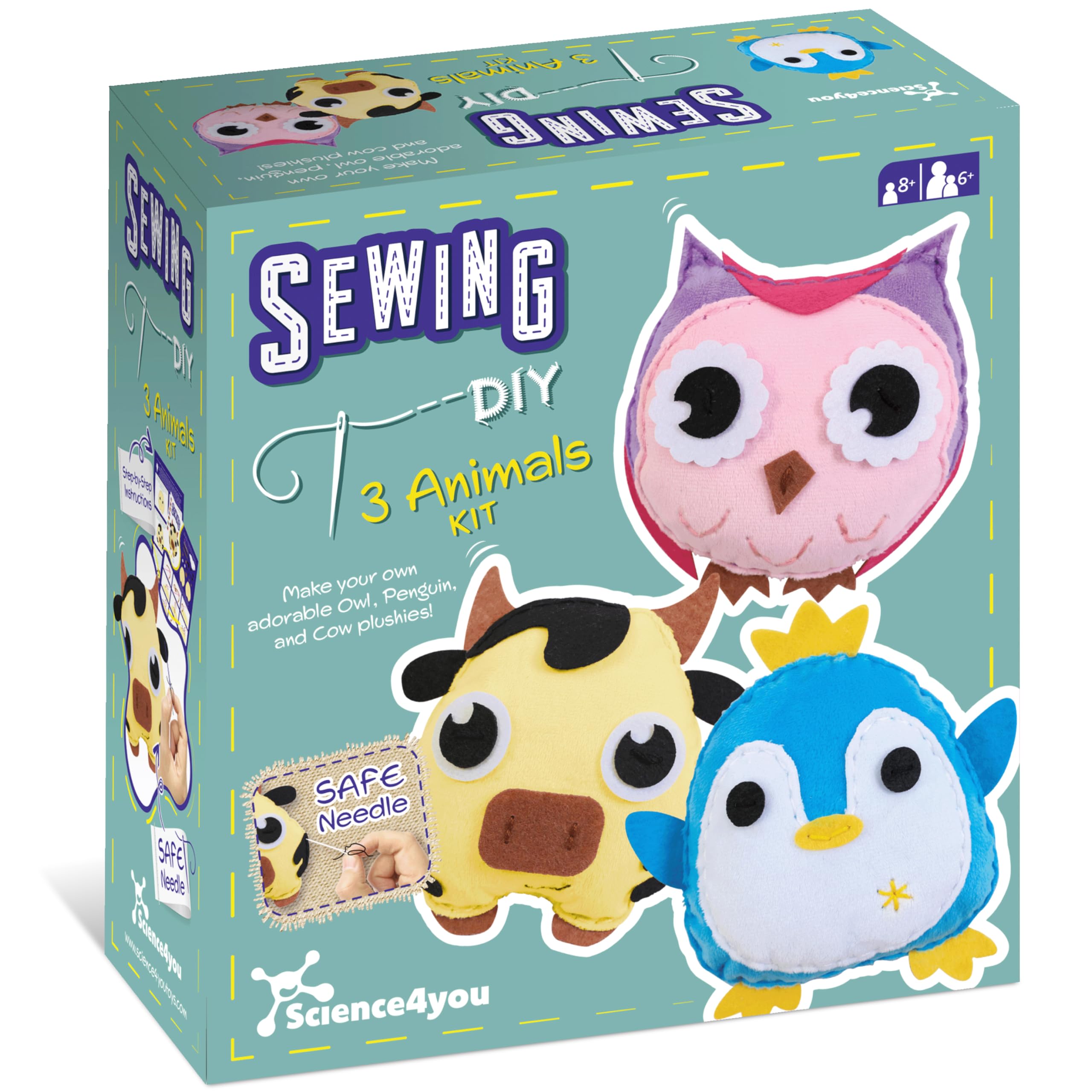 Science4you Kids Sewing Kit โ Make your own Plushies for Kids Age 6+, First Sewing Kit for Childrens, Make 3 Different Animals, Arts & Crafts Kit with Safe Needle, Toy Gift for Boys & Girls Age 6 7 8+
