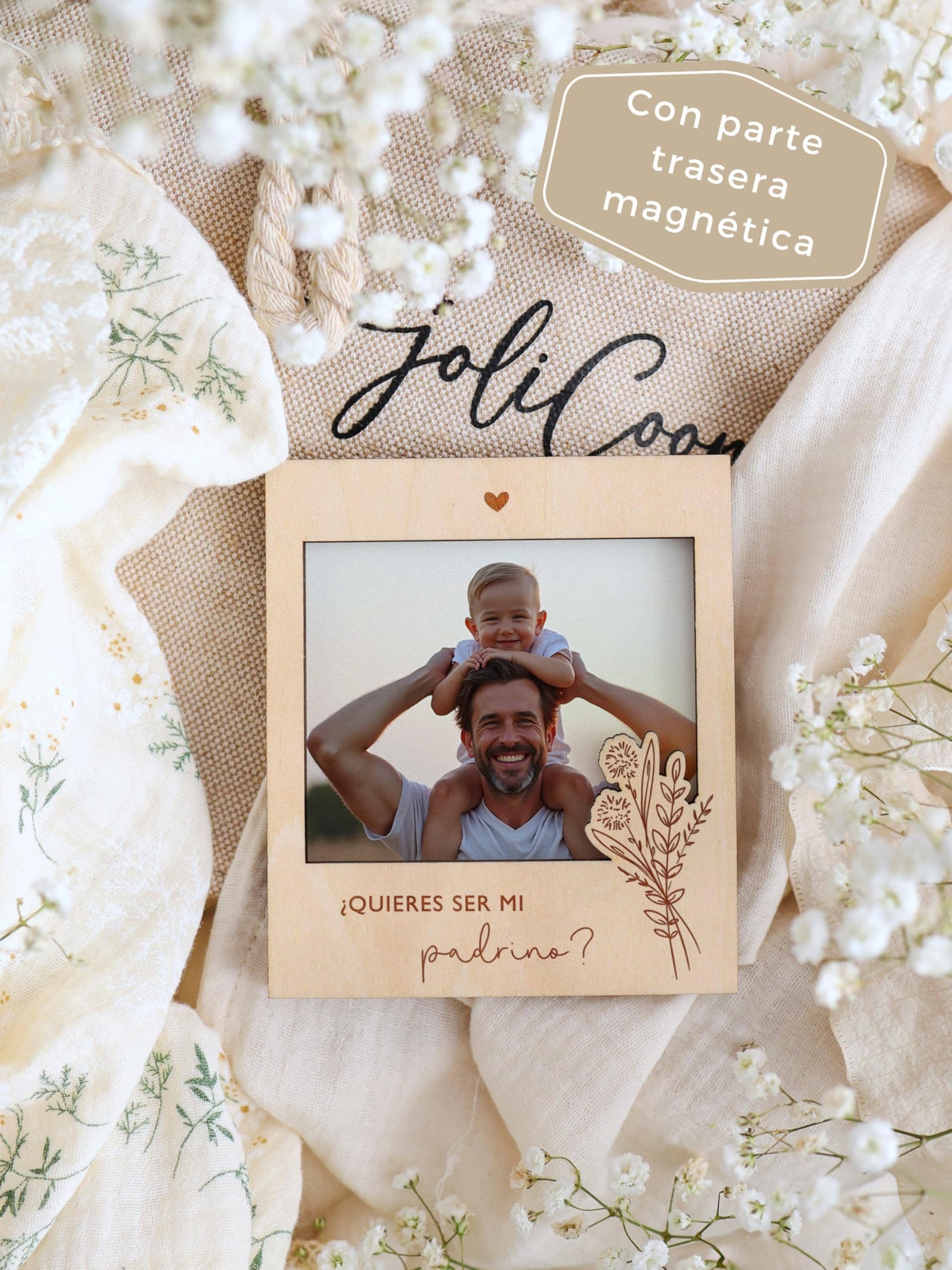 Joli Coon Marco de madera para preguntar a la madrina y al padrino - Quieres ser mi madrina - Quieres ser mi padrino - Marco de madera magnético para foto juntos