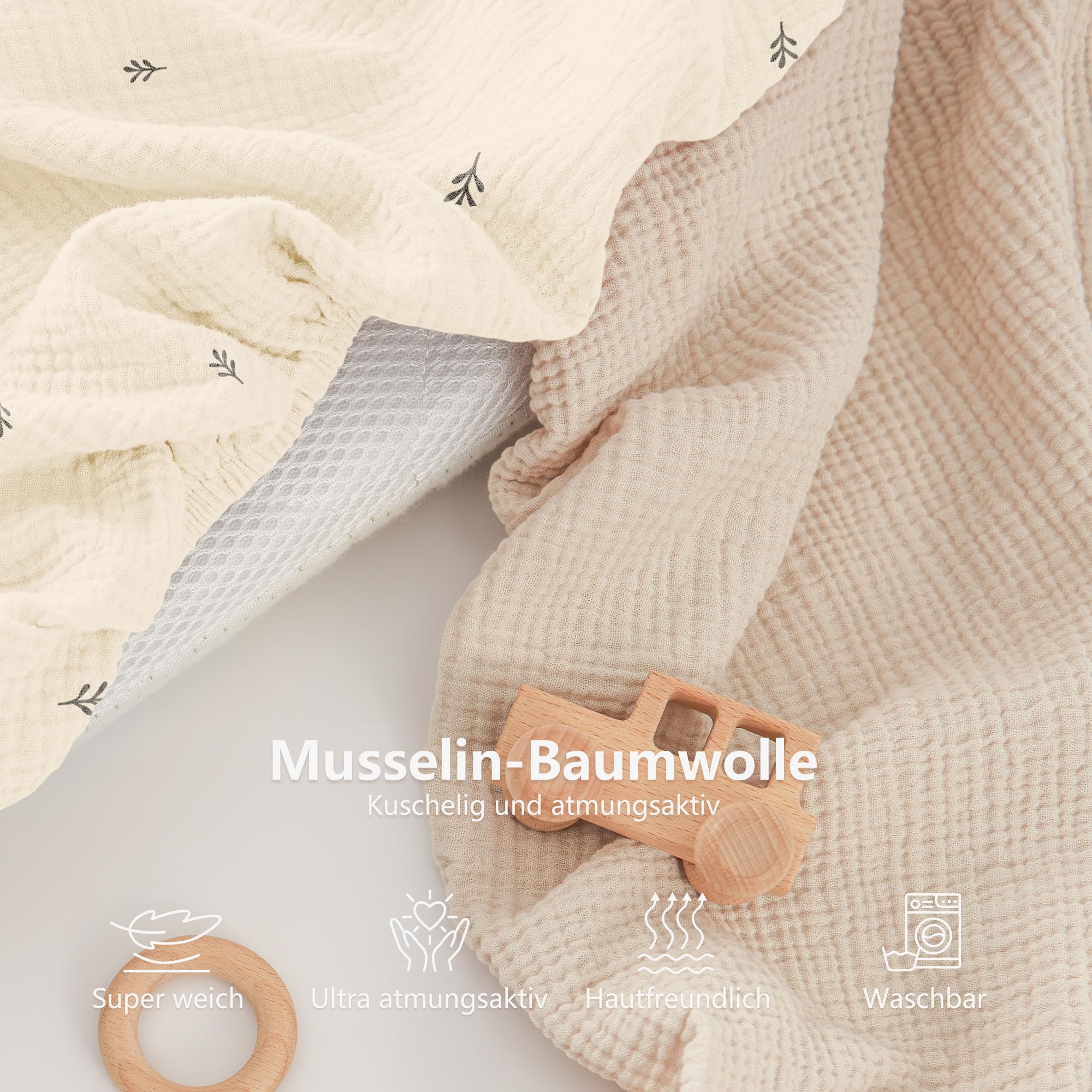 Susurration Lot de 2 Draps Housses Cododo pour Lit Bébé,100% Coton Mousseline Draps Housses Poussette Lit de Voyage et Couffin 50x90cm (Beige Leaf)