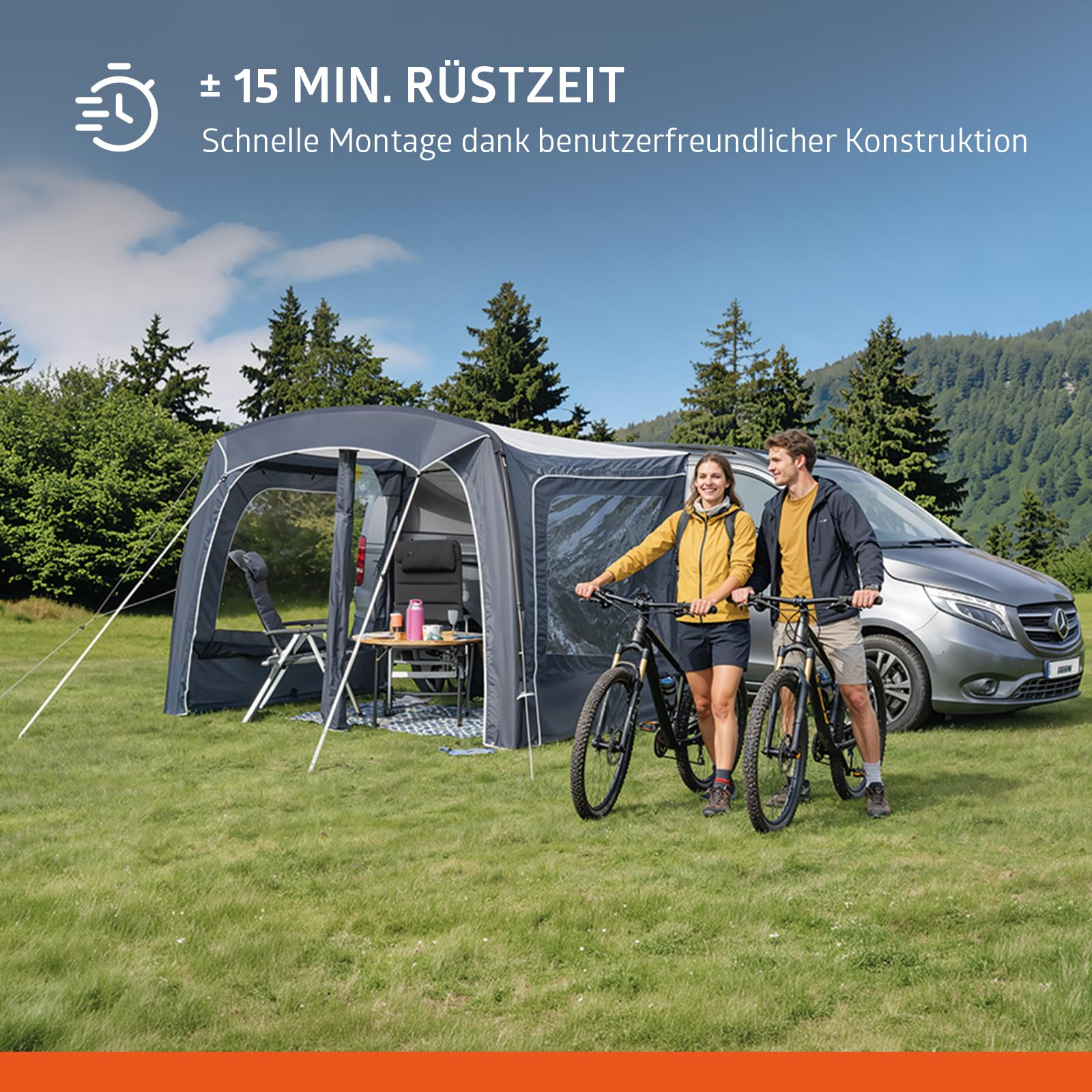 Campout Aufblasbares Busvorzelt für Campervan – 300 x 210 cm – 3000 mm Wassersäule – Anbauhöhe 180-210 cm – Aufbau in 15 Min – Inkl. Pumpe & Sturmabspannleinen