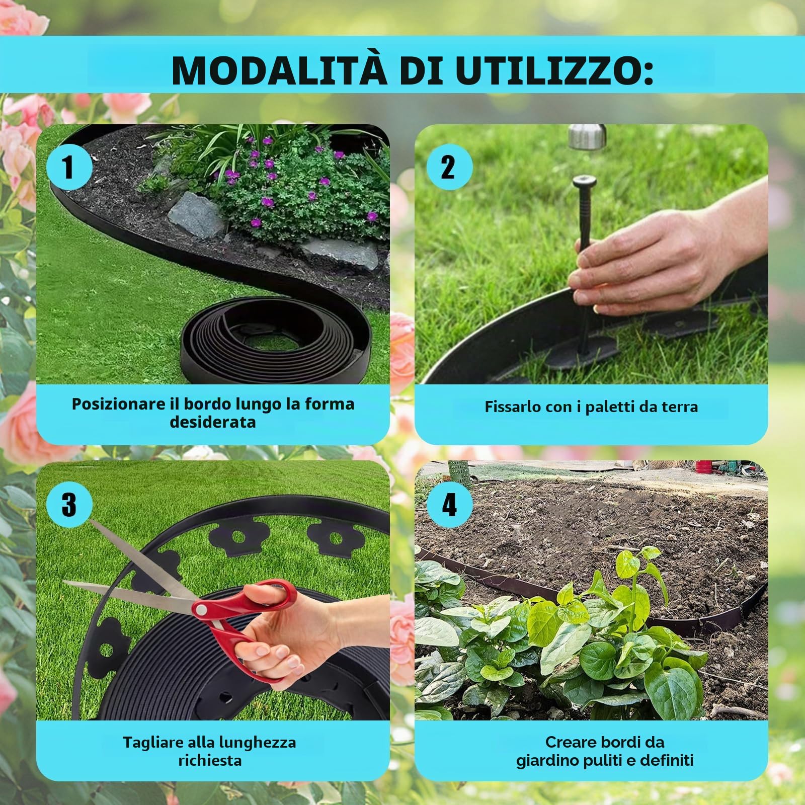 Bordo per Aiuole da Giardino 10 m con 60 Picchetti – Bordura per Prato in Plastica Flessibile, Altezza 10 cm – Separatore per Aiuole e Vialetti, Nero