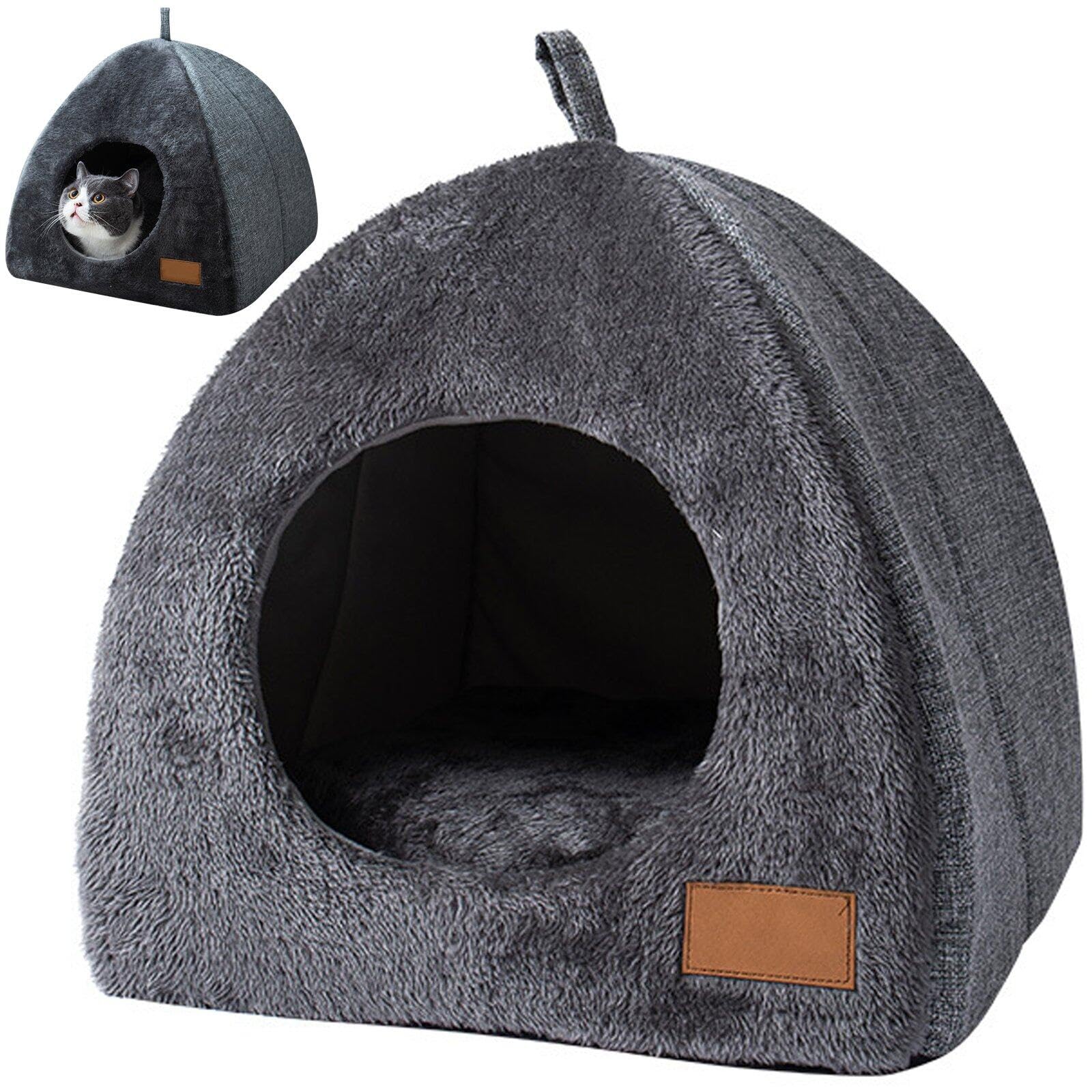 Niche pour chats d'intérieur lit chaud pliable avec coussin amovible