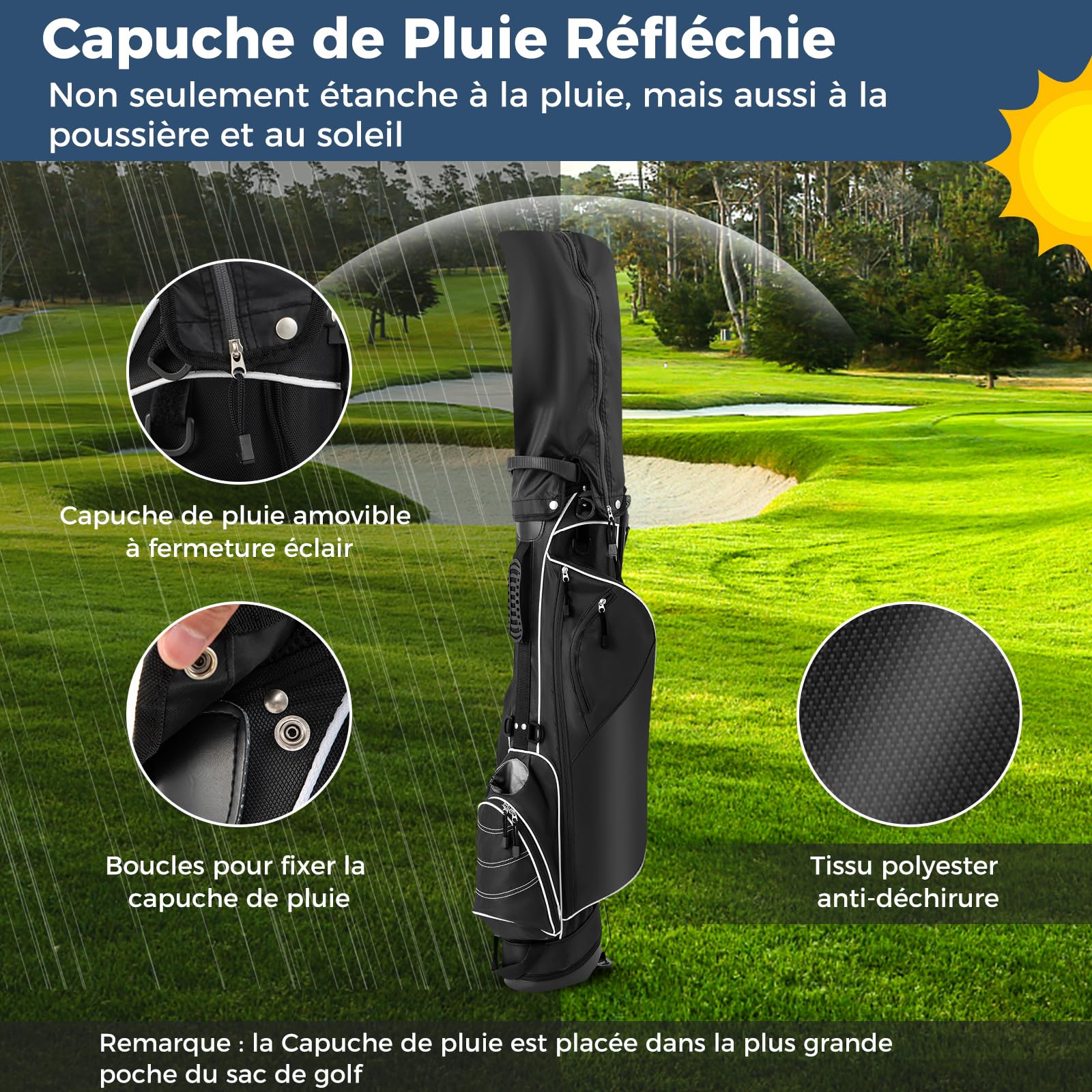 COSTWAY Sac de Golf Trépied à Compartiments à 4 Voies, Sac de Transport pour Golf avec 4 Poches Zippées Sac Isotherme Bandoulière Double, pour Club de Golf