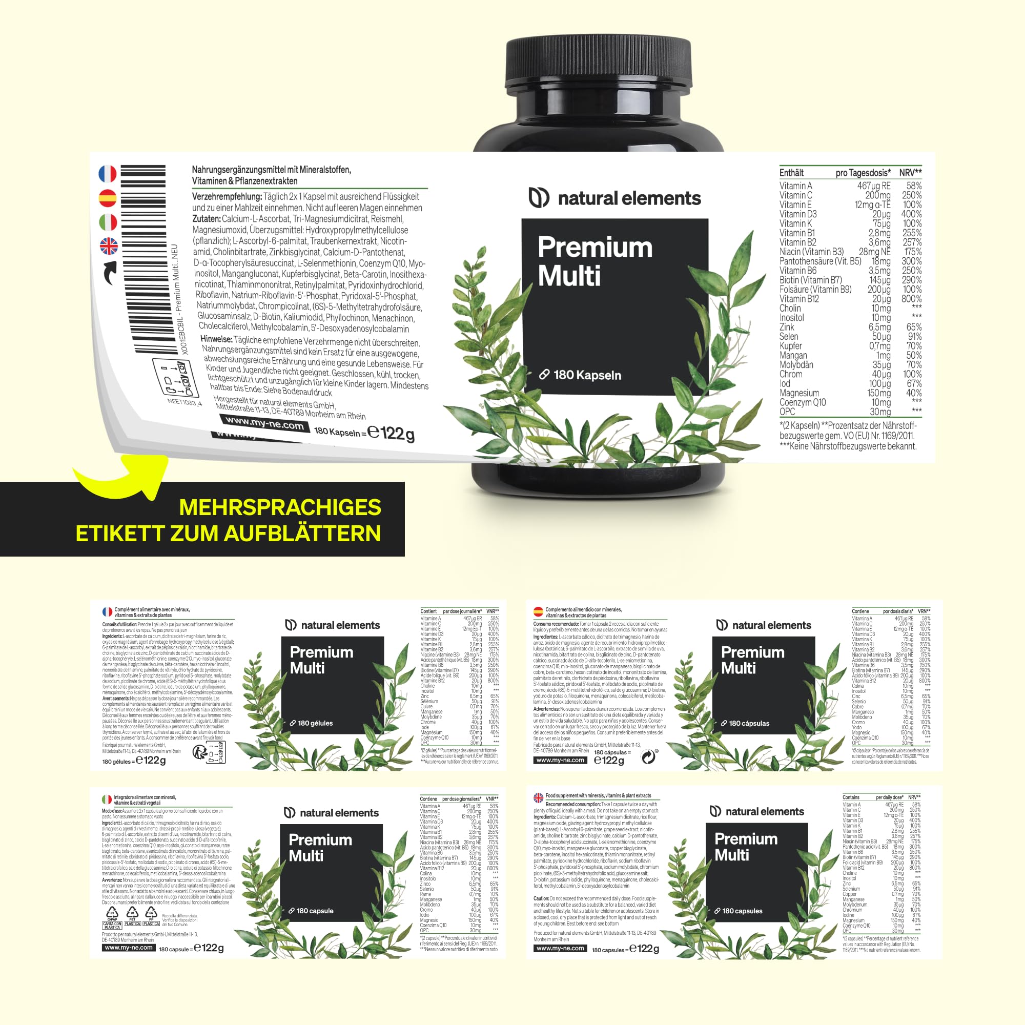 natural elements Premium Multivitamin – 180 hochdosierte Komplex-Kapseln – wertvolle Vitamine A-Z – Premium-Rohstoffe – mit Bioaktiv-Formen – ohne unnötige Zusätze – laborgeprüfte Qualität