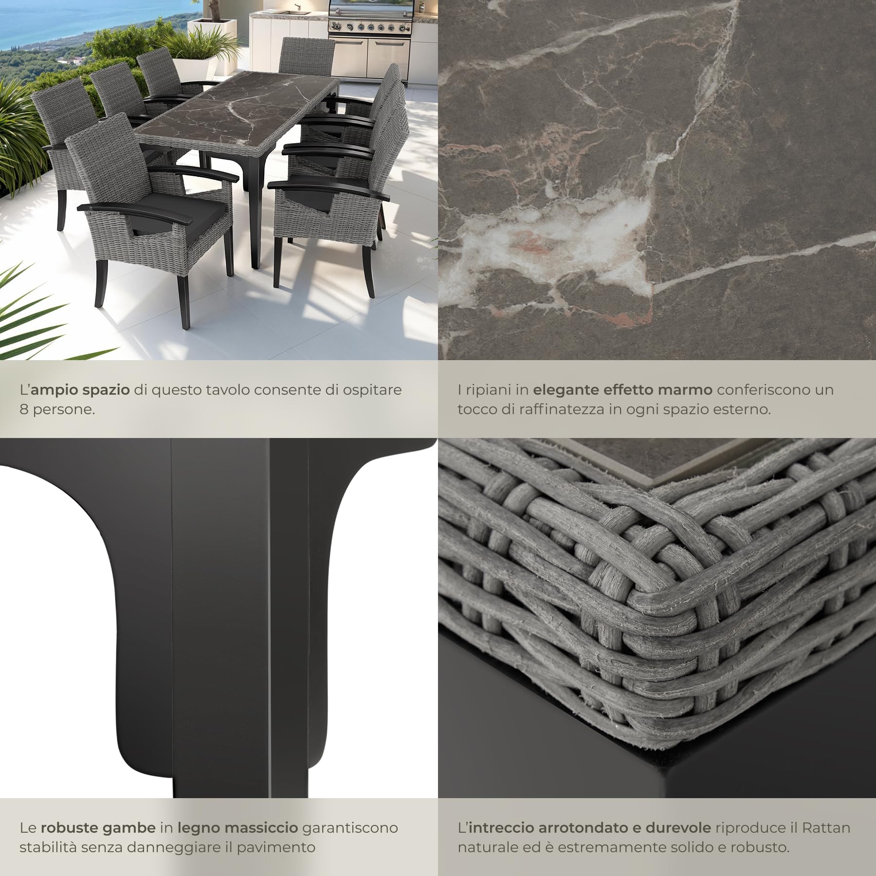 tectake® Tavolo da Esterno in Rattan, Tavolo da Giardino con Intreccio Pregiato, Tavolino Salotto con Telaio in Alluminio e Legno Massiccio, 2 Lastre in Gres Porcellanato - Grigio
