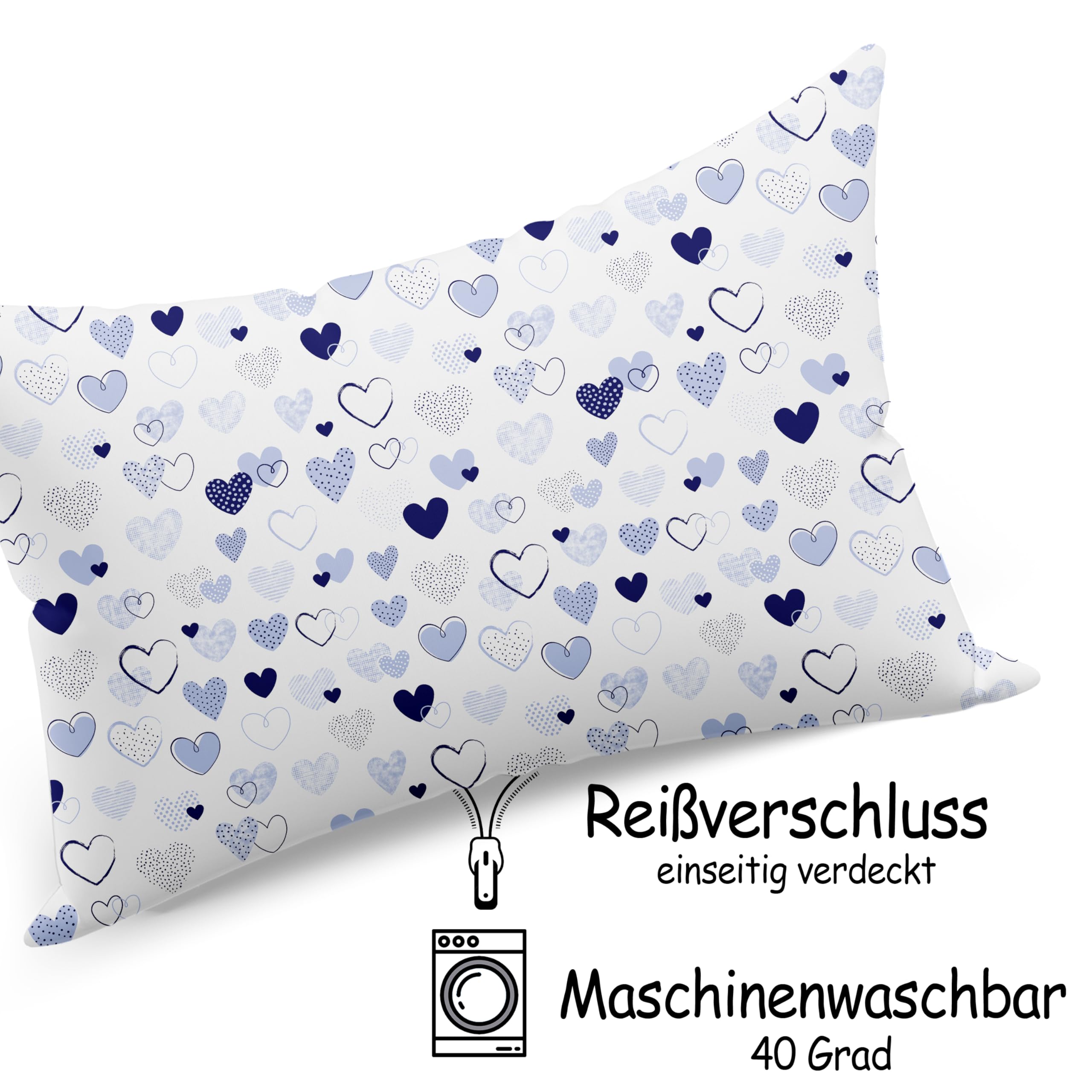 Federa per cuscino 40x60 cm 100% cotone Öko-Tex 100 con chiusura lampo cuori blu