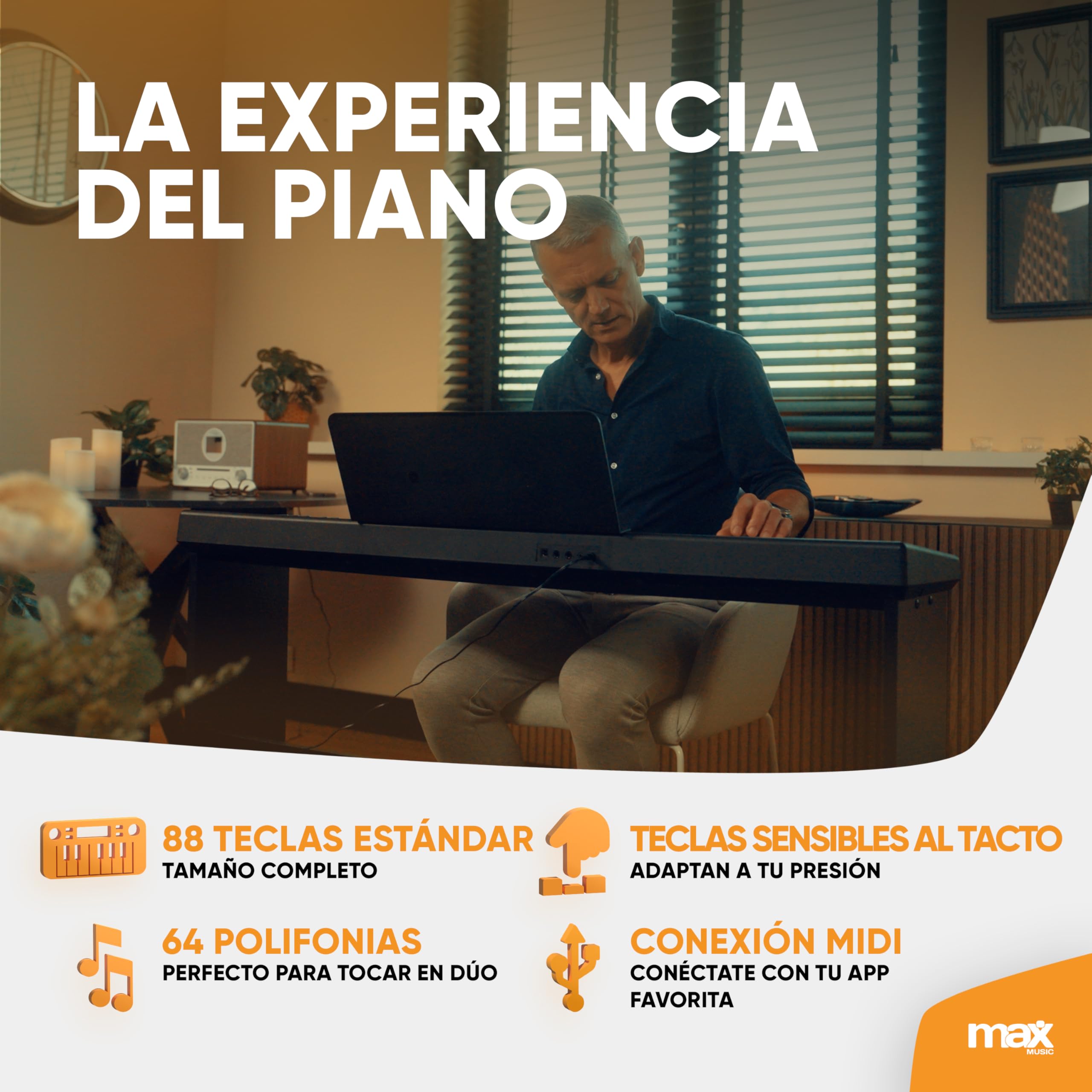 MAX Rhapsody DP88P, Piano teclado electrónico de 88 teclas sensibles al tacto, 10 timbres, 25 voces GM, 26 canciones demo, soporte de mueble, pedal de sustain, USB Midi y conexión sustain