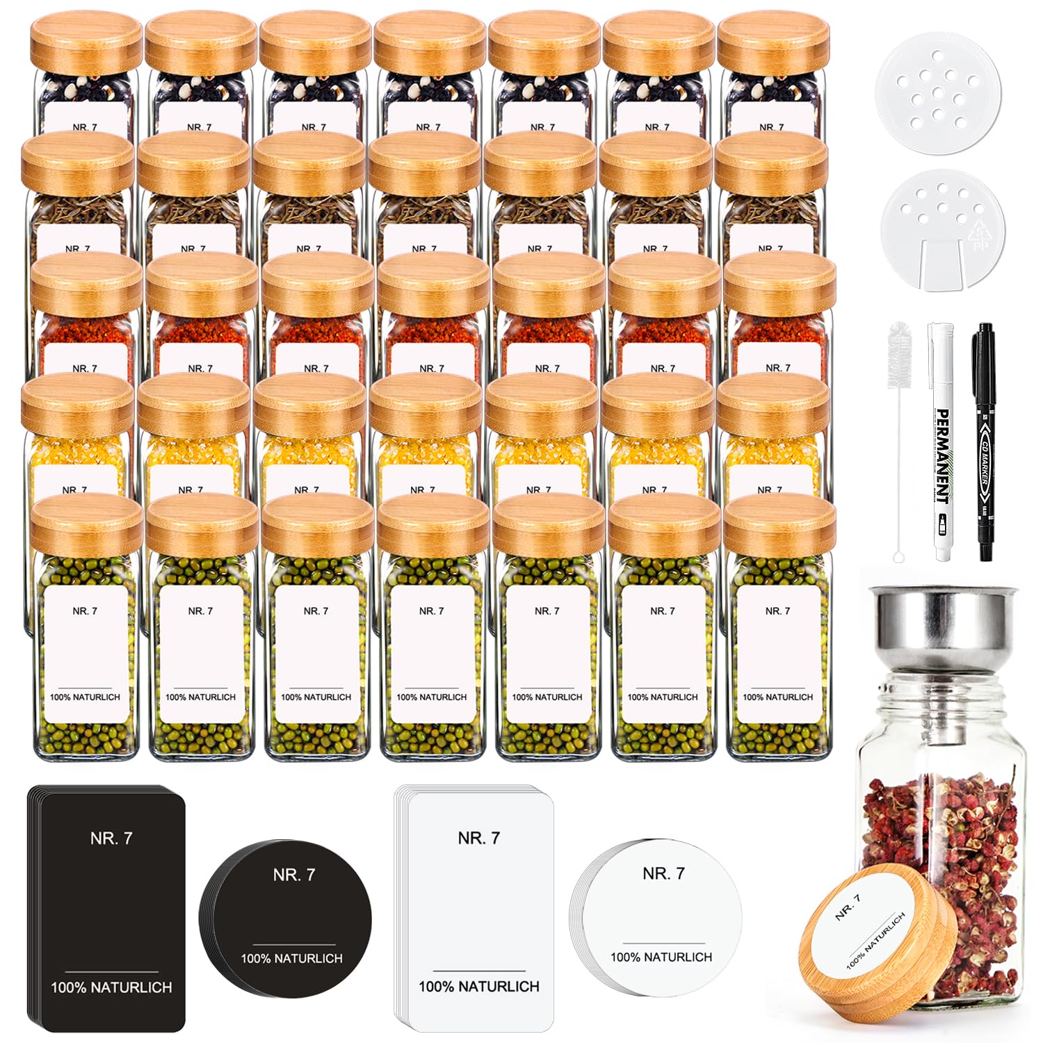 SAEIV Set de 35 Pots à Épices Carrés en Verre et Bois