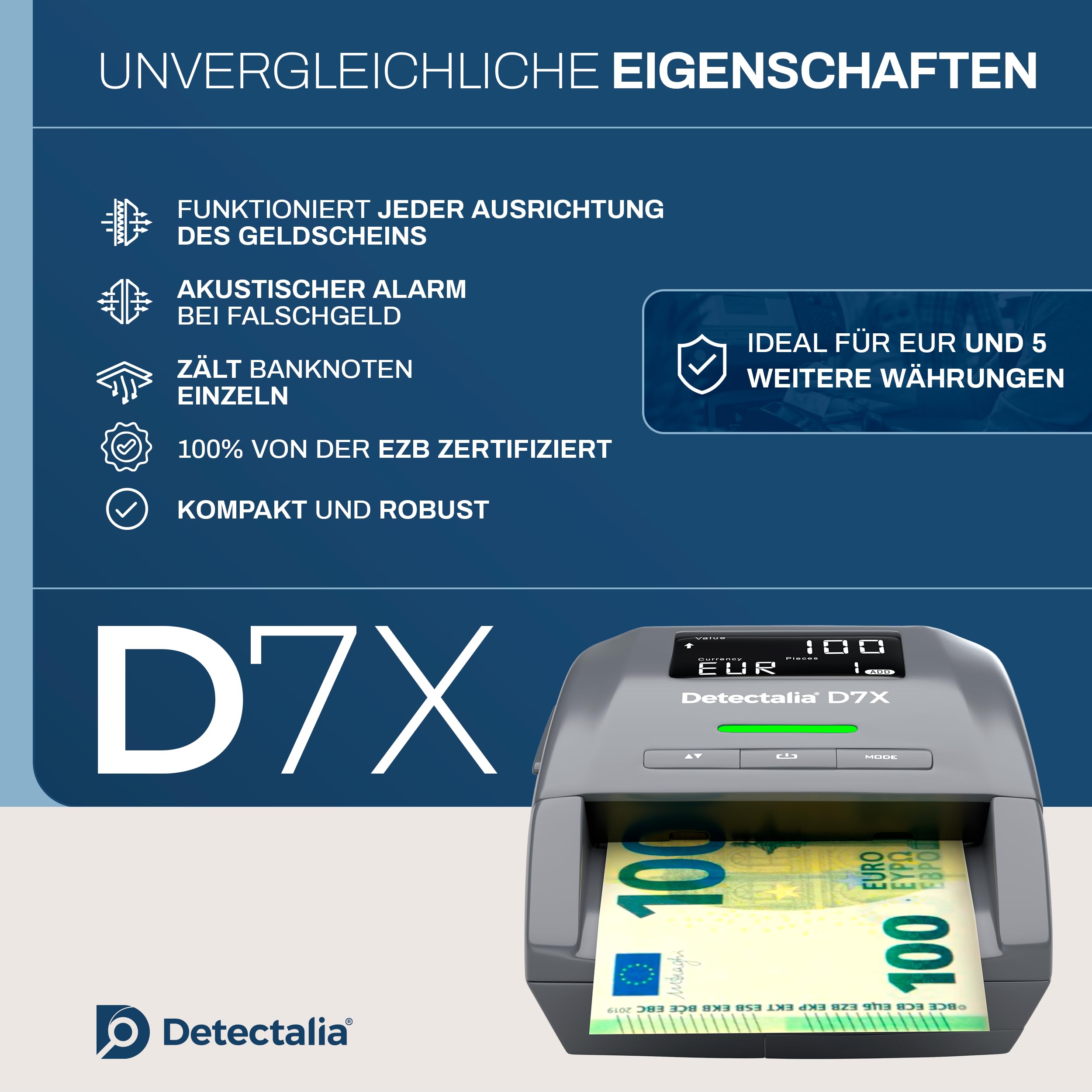 Detectalia D7X Geldscheinprüfer und Geldzählmaschine Einzeln - Falschgeld prüfgerät mit 7 Erkennungsprüfungen fur euro, gbp, chf, pln, czk und sek