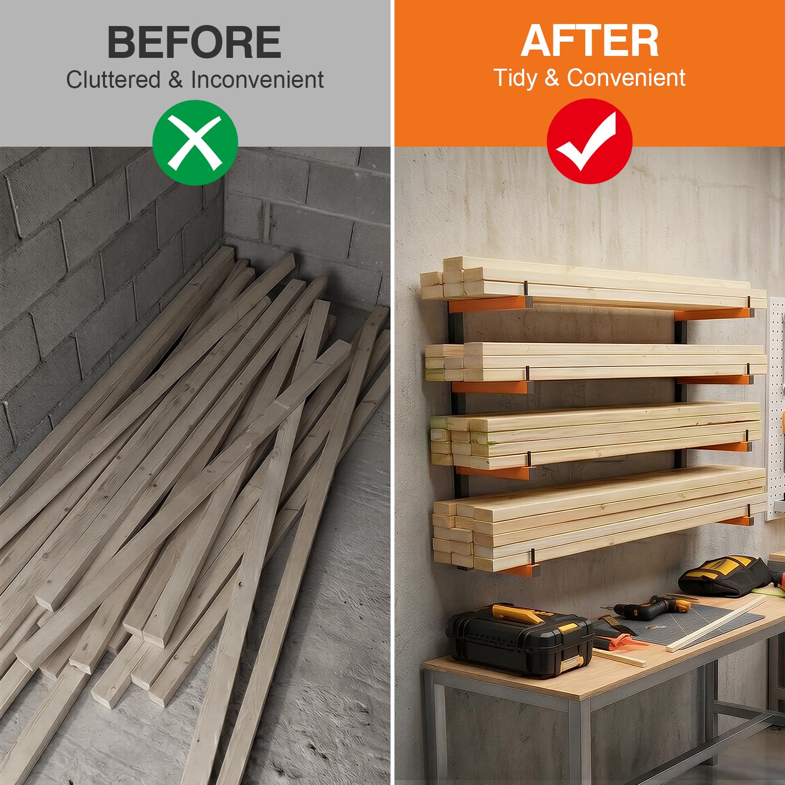 Housolution 4-stufiges Holzlagerregal – 4Pack hält bis zu 520 Pfund,mit verstellbaren Armen, robustes Metallregal 32"/83 cm Holzlagerregal Wandmontage für Garage,Holzwerkstatt, Innen- und Außenbereich