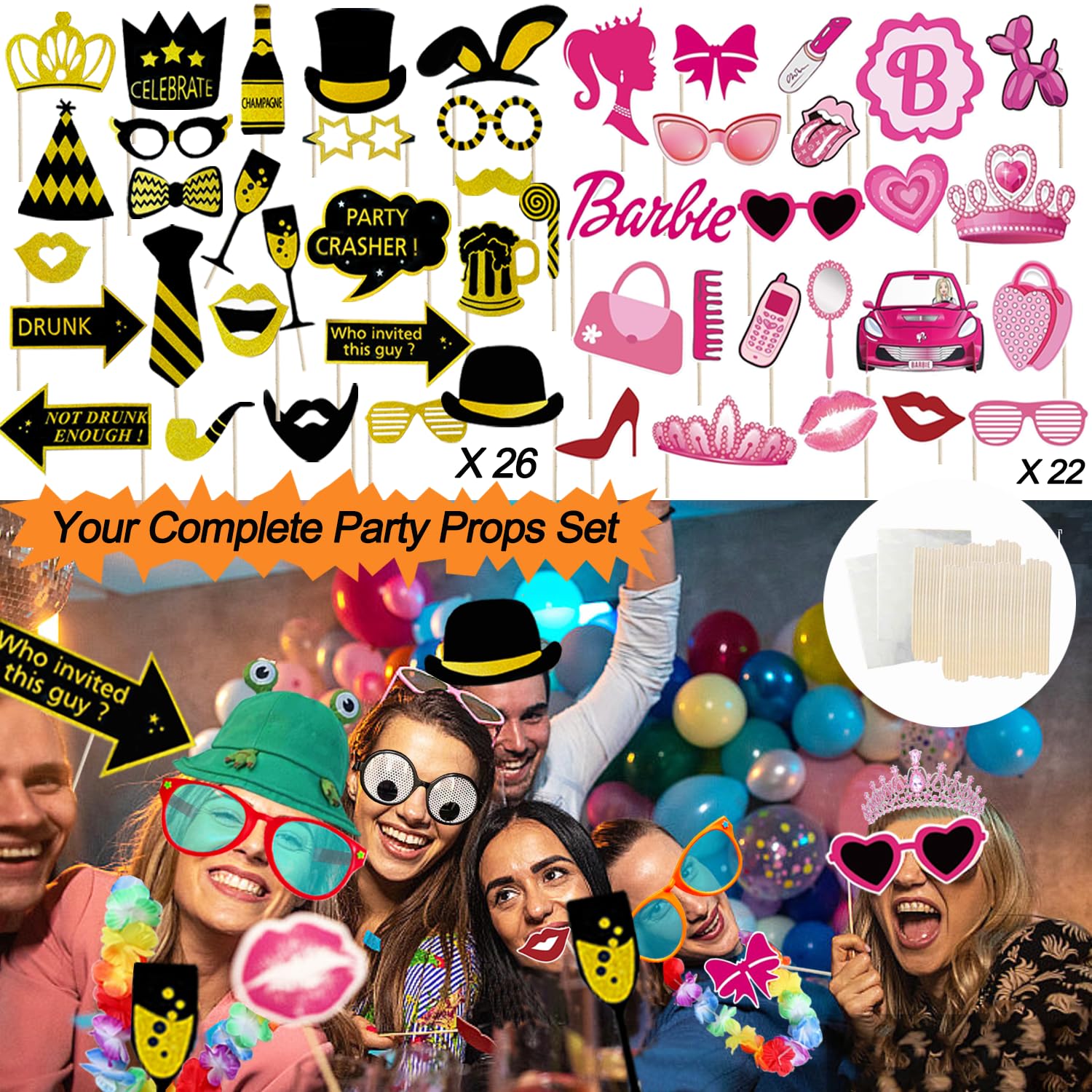 Juego de 126 accesorios divertidos para fotomatón, sombreros y gafas para todas las ocasiones, bodas, cumpleaños, graduación, Año Nuevo, accesorios de fiesta