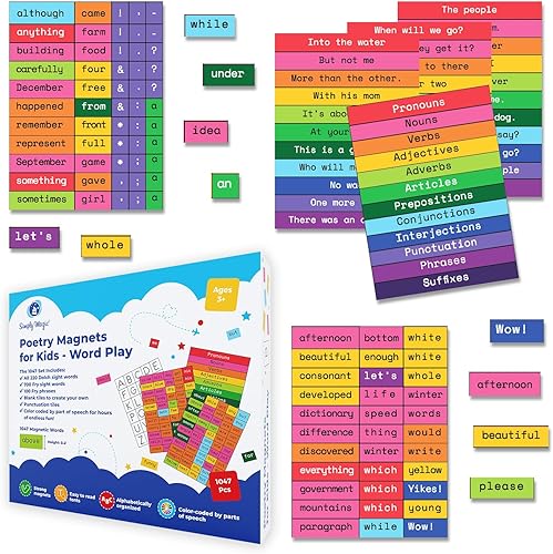 Kit de poesía magnética para niños, 1047 unidades, imanes para refrigerador para niños, imanes de palabras para refrigerador, construcción de