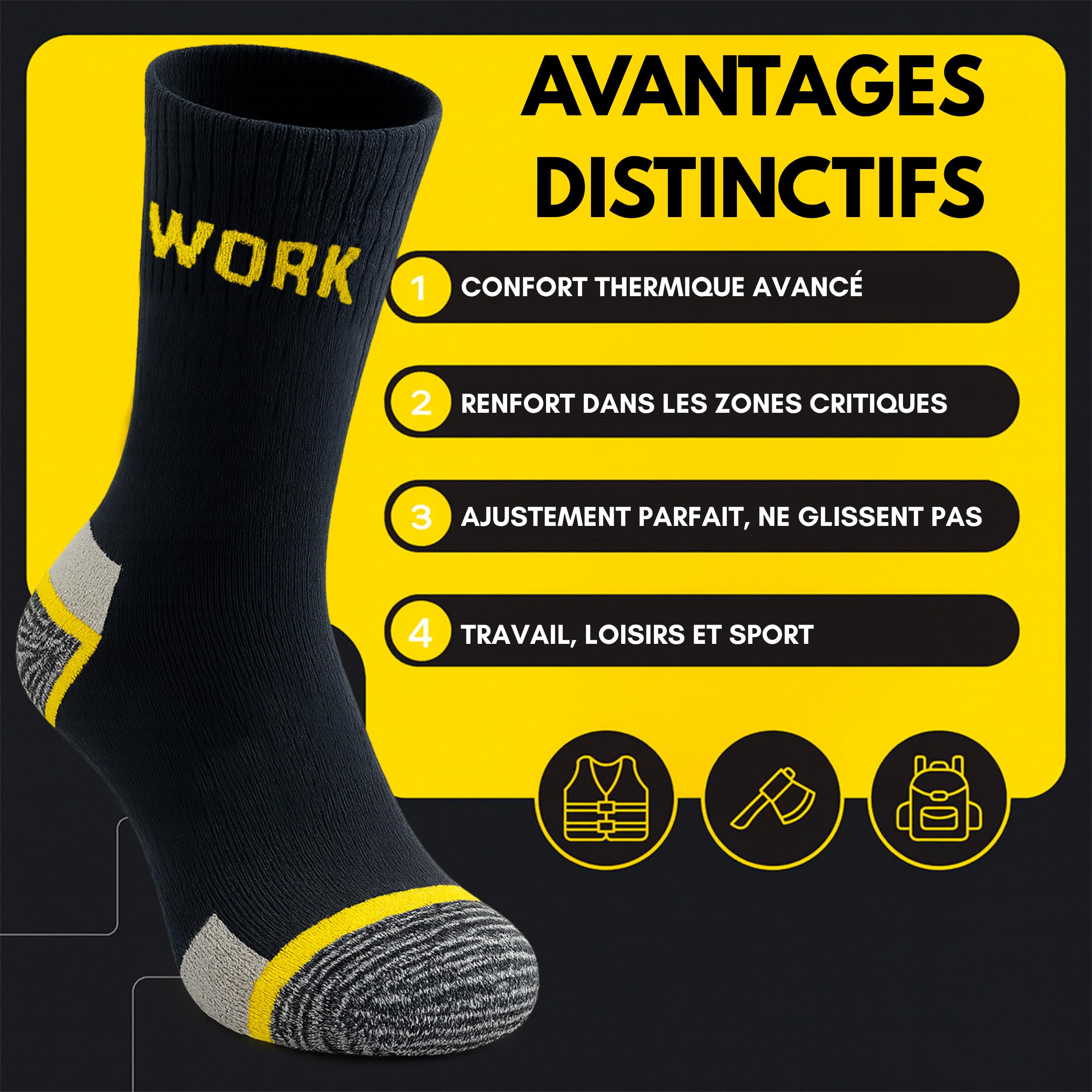 6 Paires de Chaussettes de Travail homme Hiver – 95% Coton, Intérieur Bouclette, Chaussettes Travail Femme Talon et Pointe Renforcés, Idéales pour Chaussures de Sécurité, Chaussettes Thermiques.