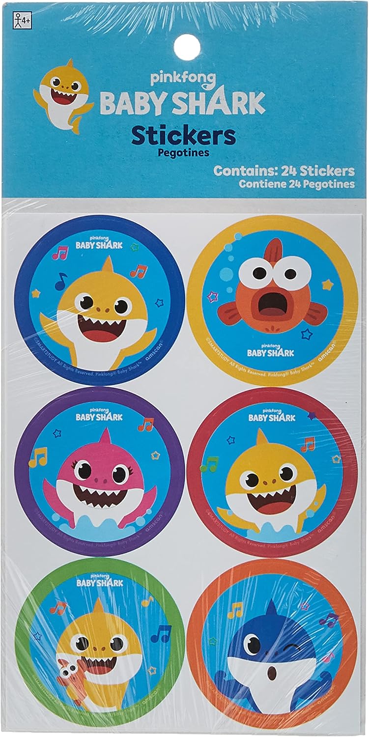 Baby Shark Adorable Multicolor Round Paper Stickers - 2'', 24 Pieces - Fun and Colorful Party Favors for Kids and Fans