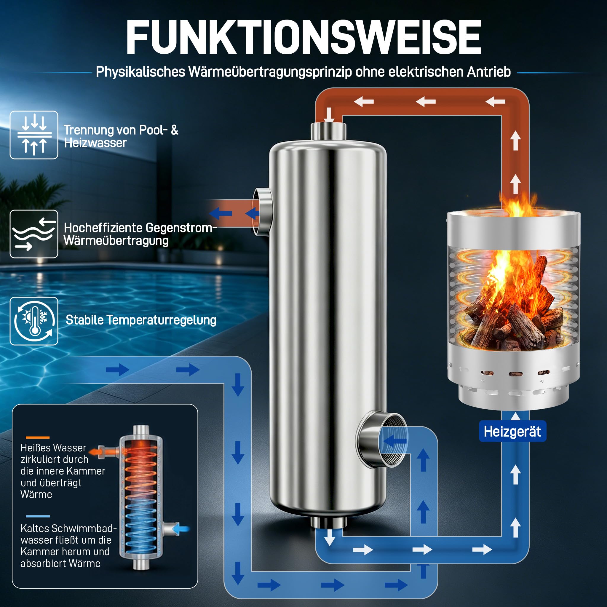 Pool Wärmetauscher Edelstahl 40KW G1½ Anschluss Poolheizung für Schwimmbad SPA Whirlpool