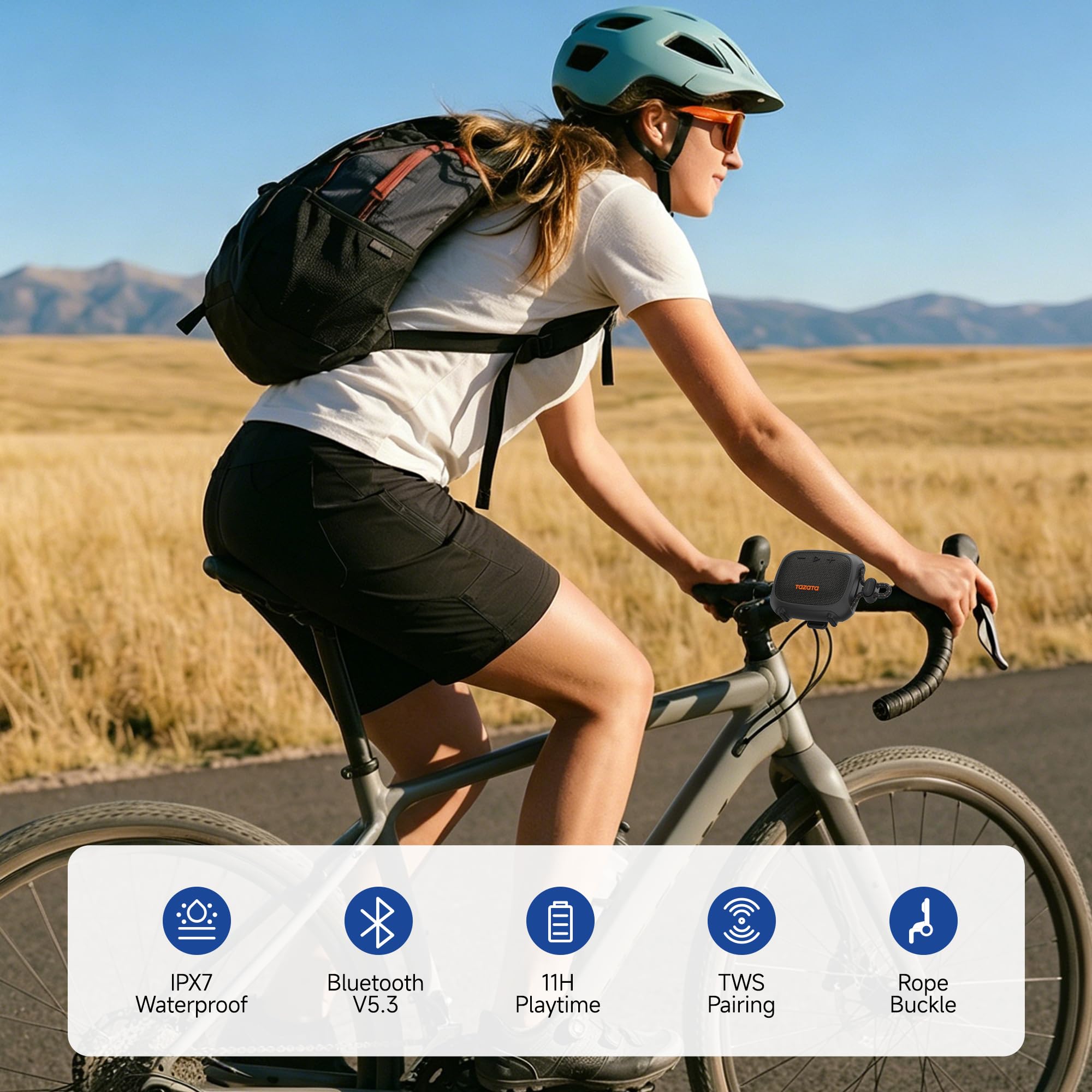 TAZATA Altoparlante esterno robusto, impermeabile IPX7, altoparlante Bluetooth galleggiante con 11 ore di autonomia, accoppiamento TWS, cinturino integrato per ciclismo, pesca, doccia, campeggio