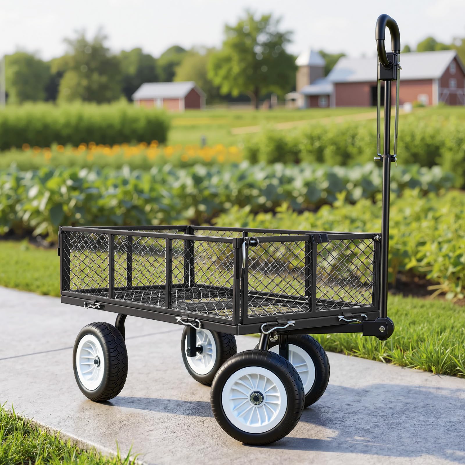 VEVOR Carrello Portaoggetti da Giardino Carico max 408,2 kg Carrello da Trasporto per Legna Terra Detriti Lati Rimovibili Pneumatici Antiforatura in PU, Carretto Compatibile con Trattore ATV, Nero