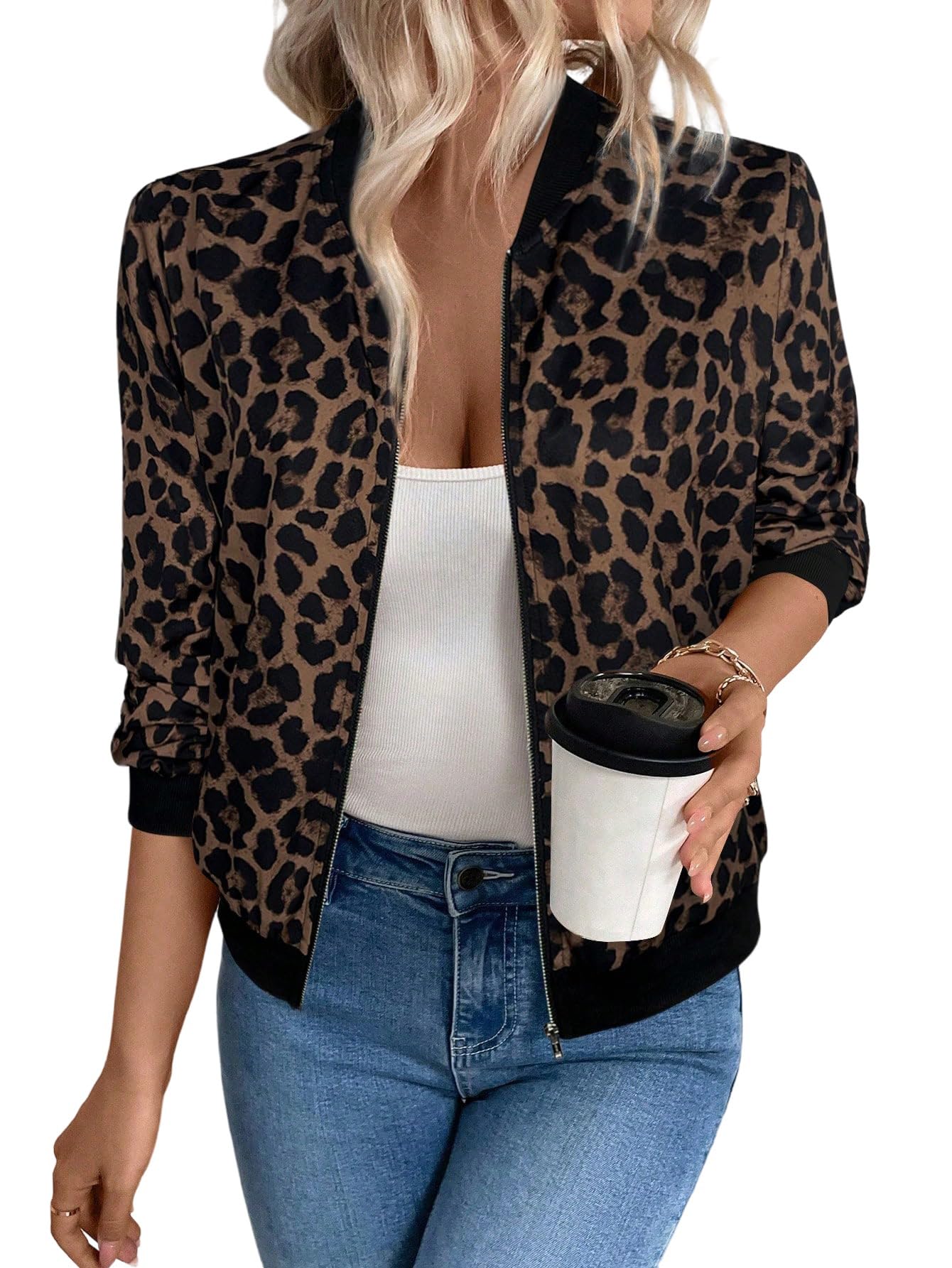 GORGLITTER Veste d'automne élégante pour femme avec motif léopard - Veste bomber légère - Col de baseball - Veste de transition - Veste de loisirs